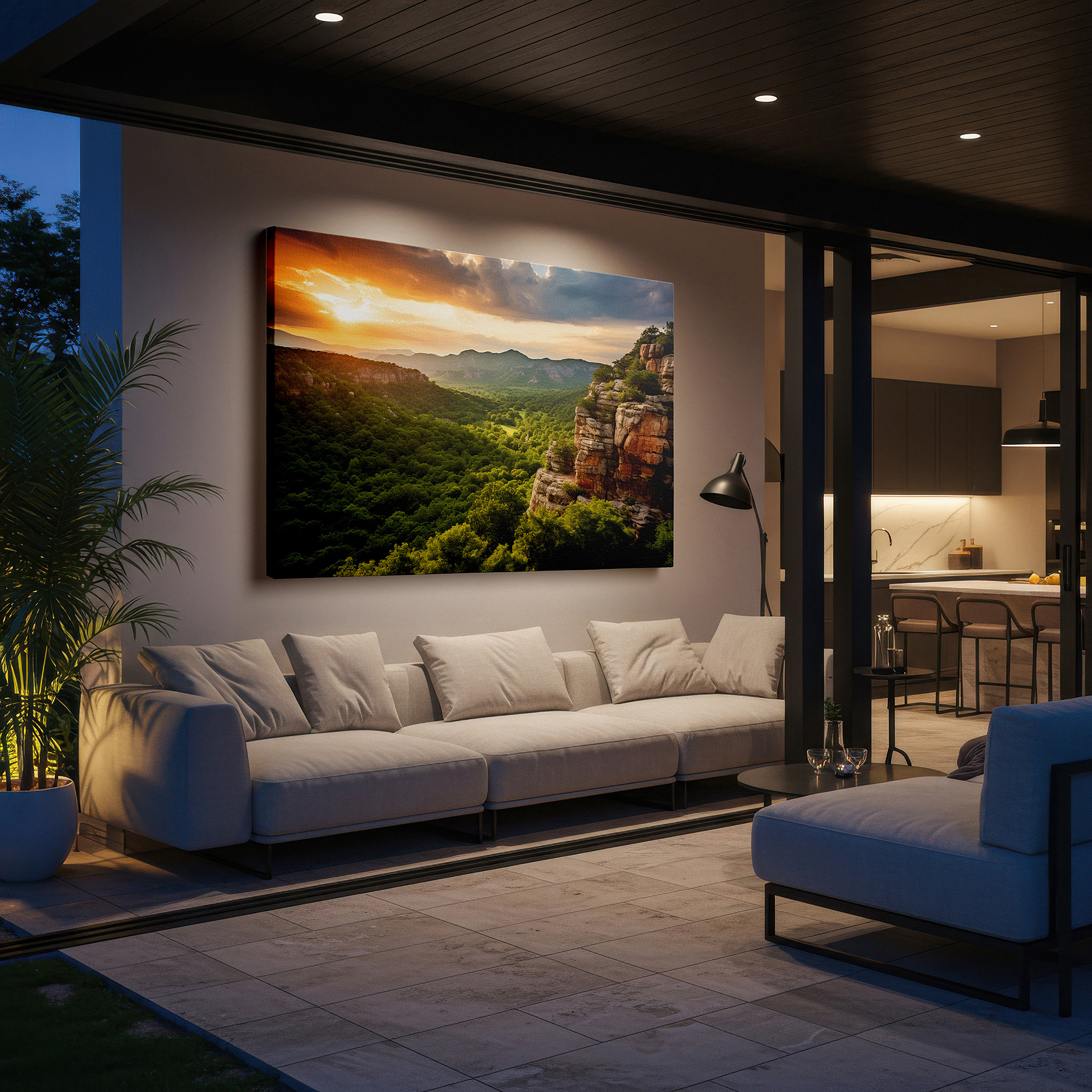 Hung in a cozy reading nook beside a floor lamp and bookshelf — majestic cliffs and lush valley - tranquil nature scene for serene interiors: large wall art, canvas wall art, wall decor for office and bedroom