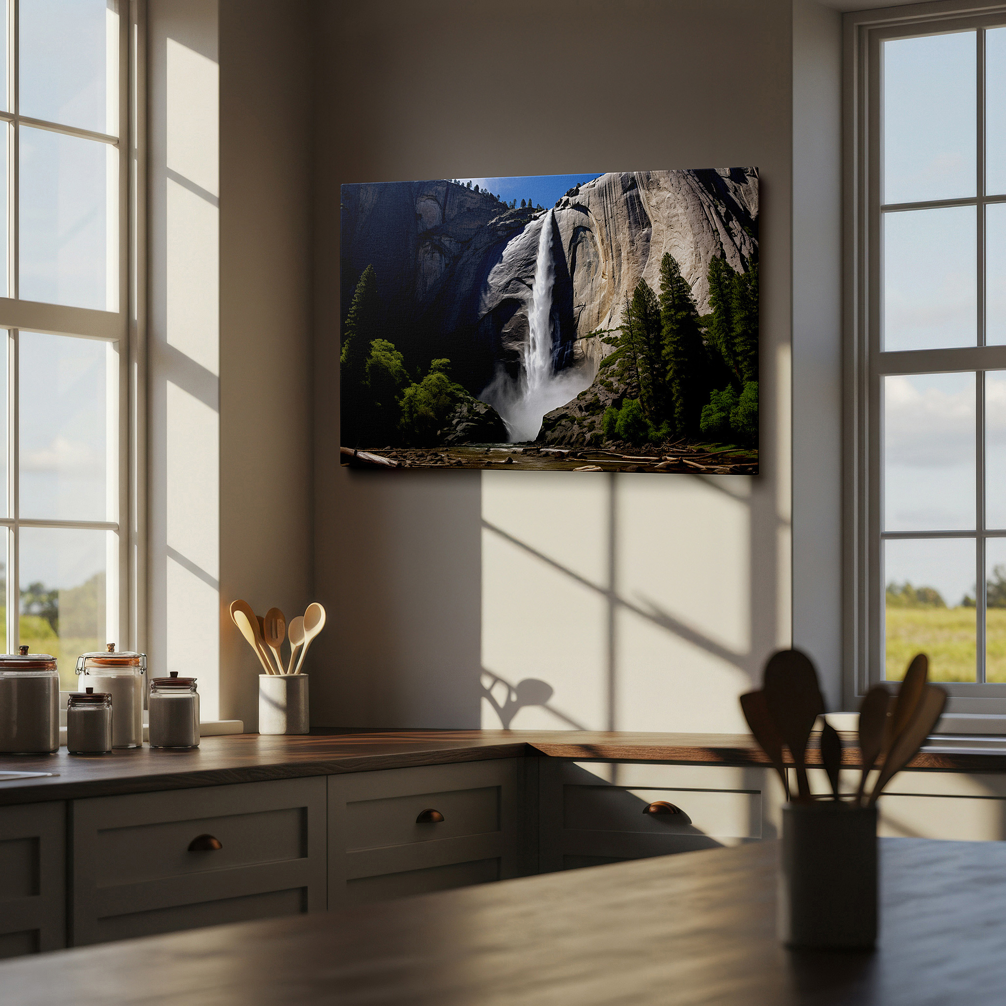 Hung in a cozy reading nook beside a floor lamp and bookshelf — majestic waterfall amidst lush forests: a stunning display of light and ethereal glow - large canvas wall art for home and office decor