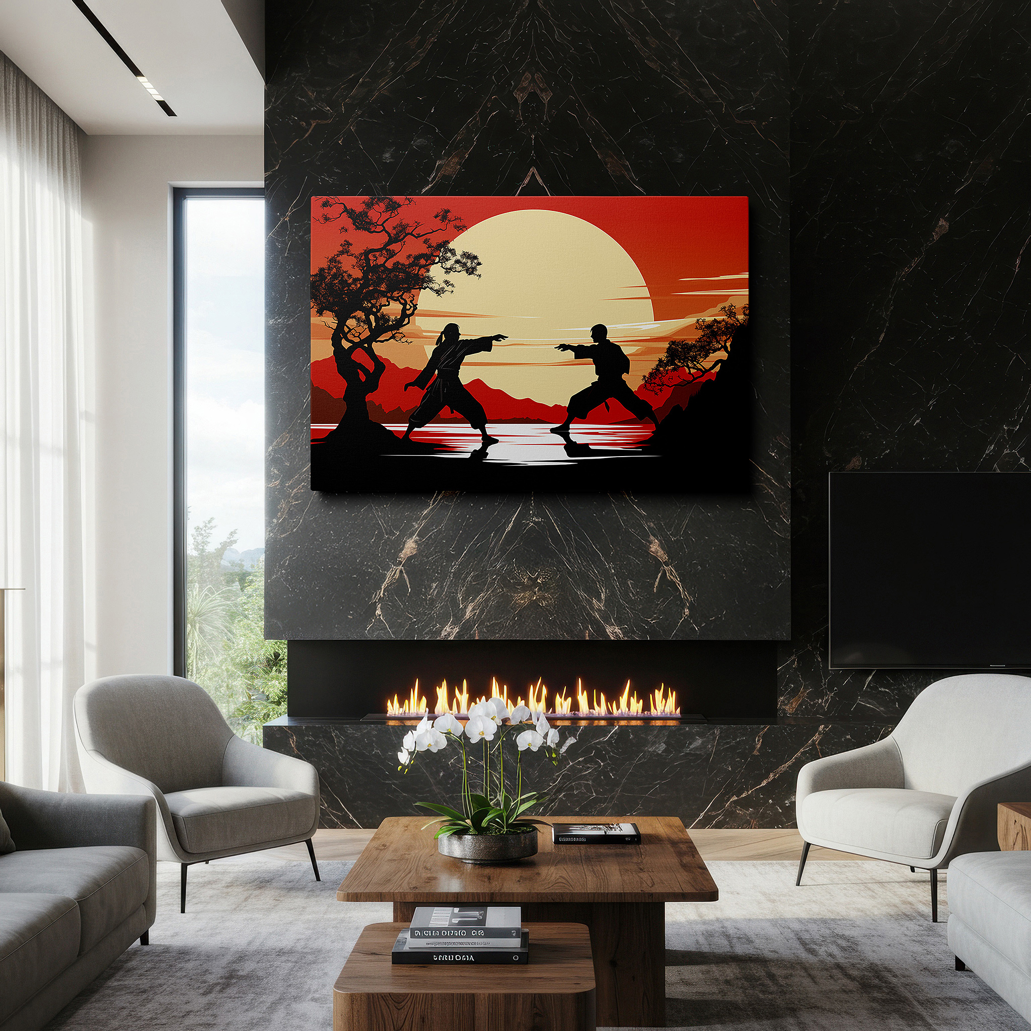 Hung in a cozy reading nook beside a floor lamp and bookshelf — martial artists dueling at sunset - large canvas wall art, office decor