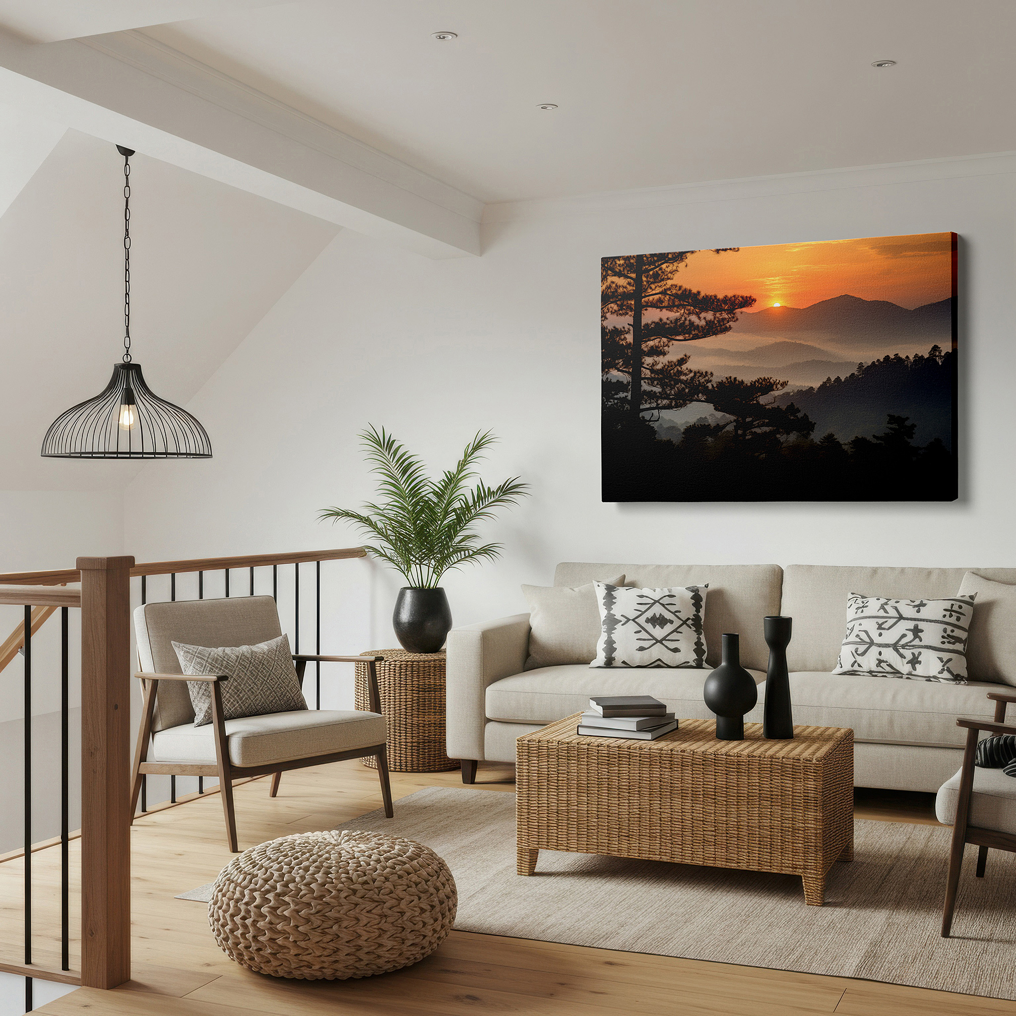 Hung in a cozy reading nook beside a floor lamp and bookshelf — misty mountain sunset glow, majestic pine-framed radiant skies, large canvas wall art for office and bedroom decor