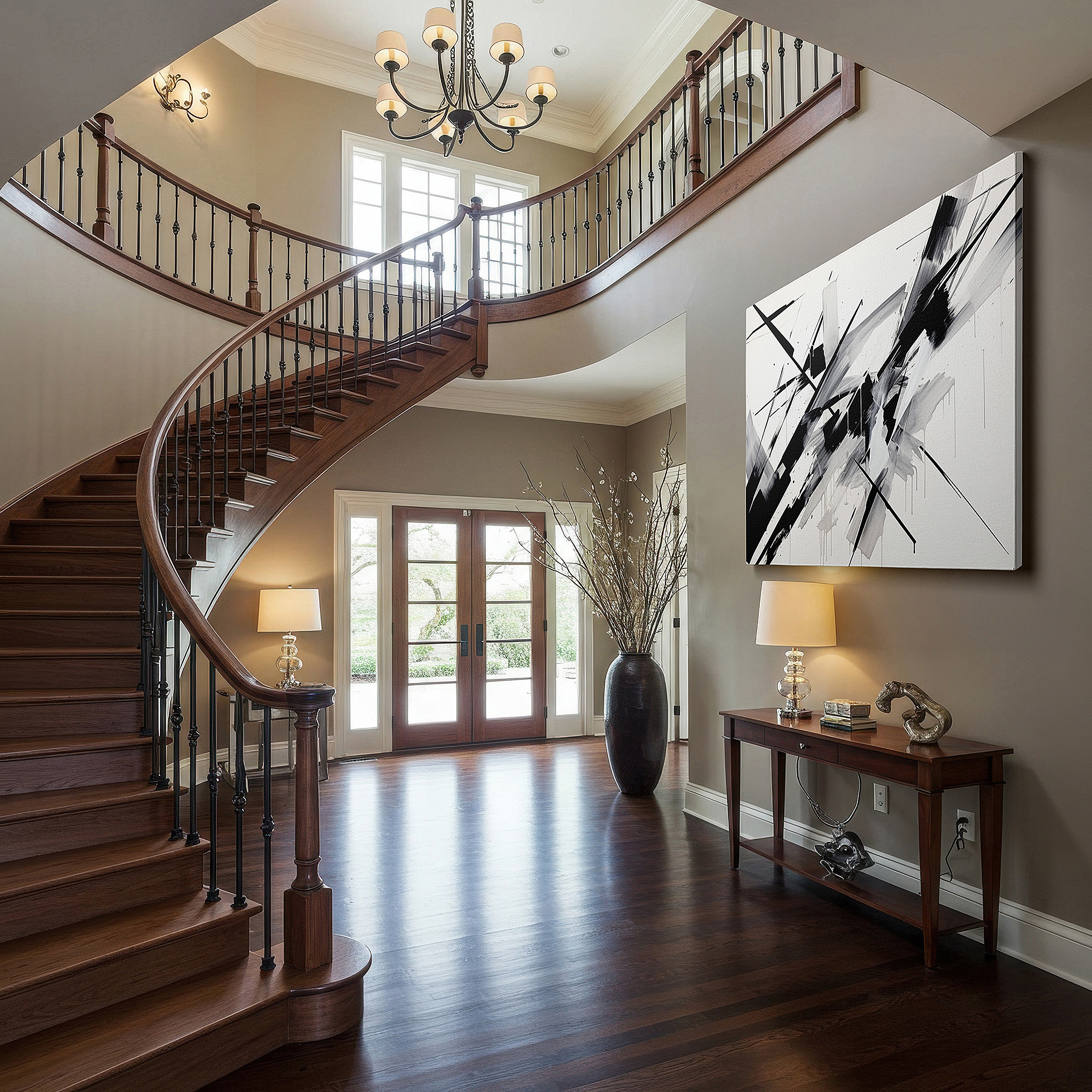 Hung in a cozy reading nook beside a floor lamp and bookshelf — modern black and white abstract canvas art: a play of light and shadow for contemporary spaces, large wall decor