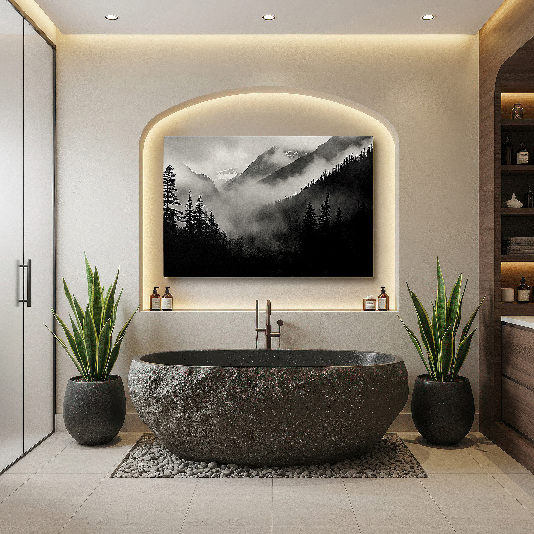 Hung in a cozy reading nook beside a floor lamp and bookshelf — monochrome enigmatic peaks and misty forests large wall art, canvas wall art, decor for office, bedroom, and living room