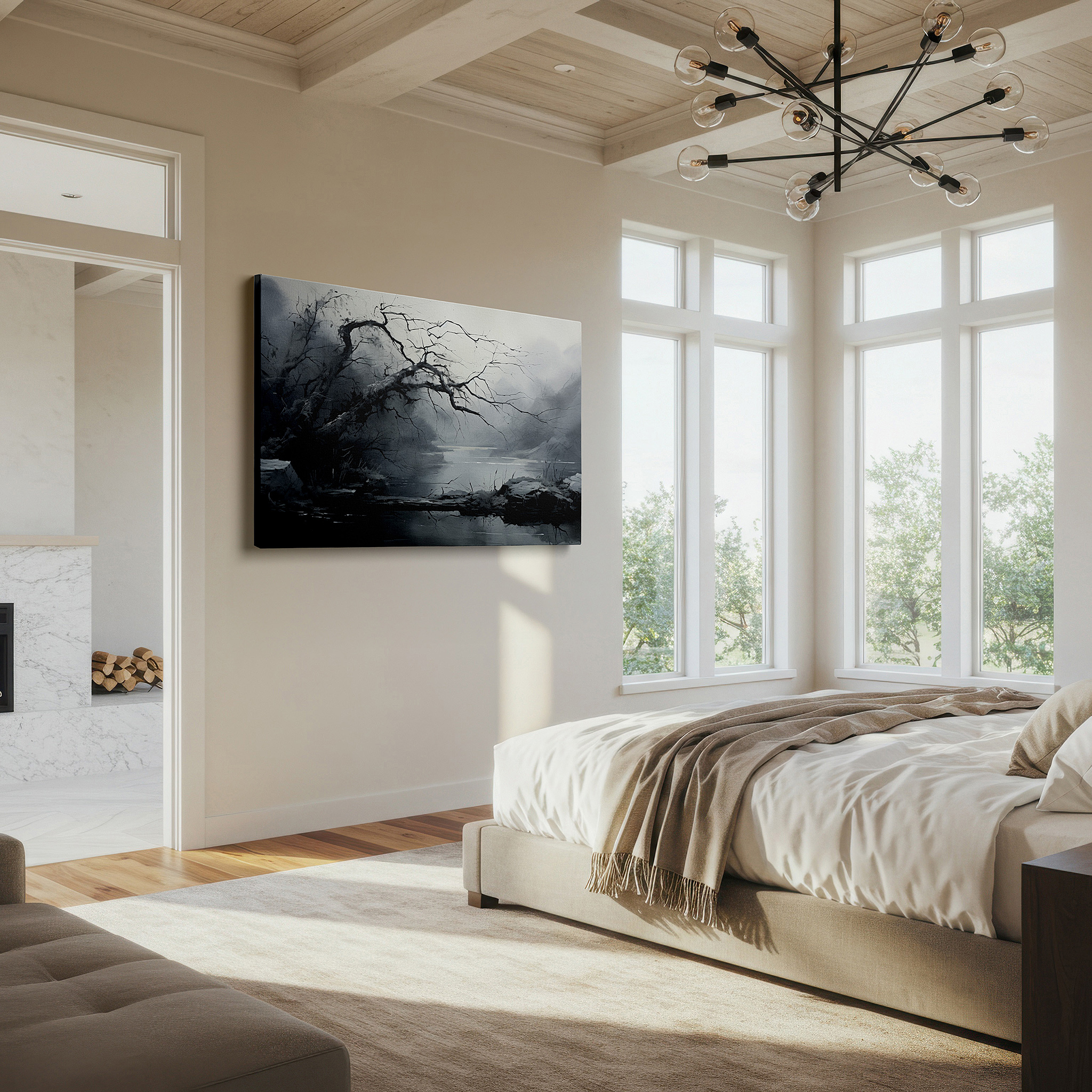 Hung in a cozy reading nook beside a floor lamp and bookshelf — monochrome haunting landscape with foggy river and twisted trees, large canvas wall art for office and bedroom decor