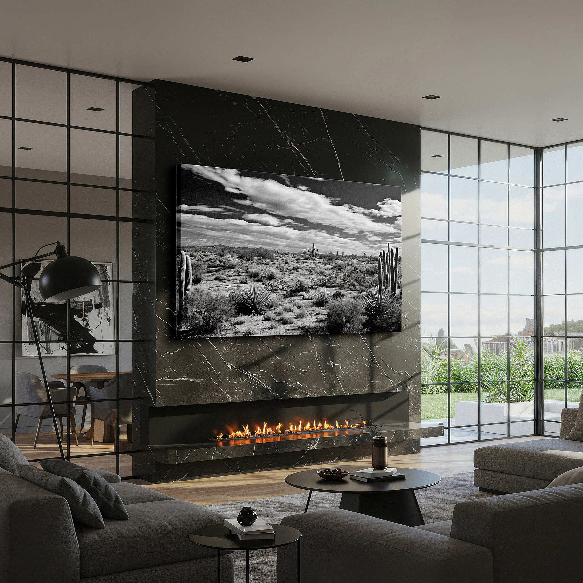 Hung in a cozy reading nook beside a floor lamp and bookshelf — monochrome serene desert landscape with cacti large canvas wall art for office, bedroom, and living room decor