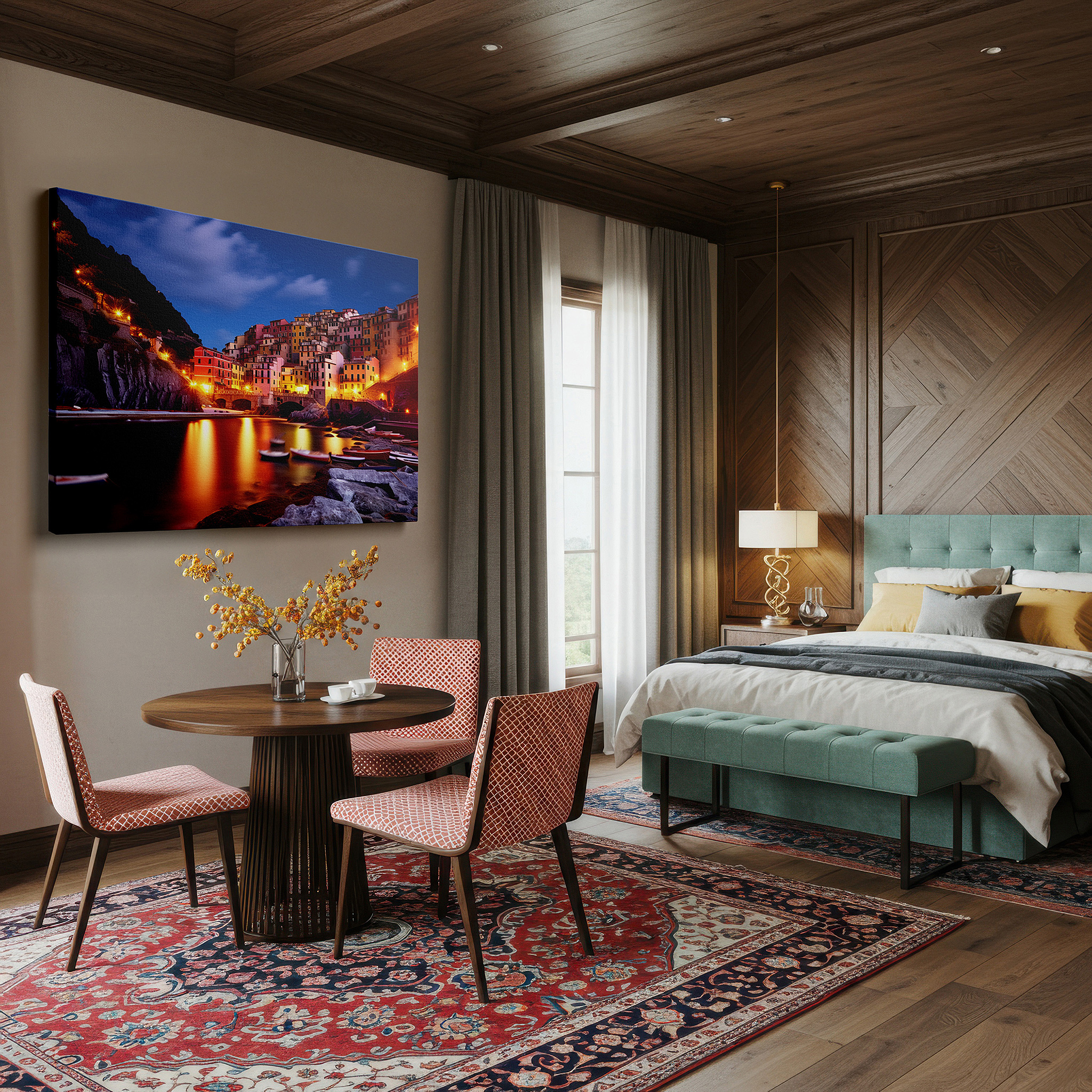 Hung in a cozy reading nook beside a floor lamp and bookshelf — moonlit coastal village - large canvas wall art depicting a serene and quaint village with warm radiance, perfect for office or bedroom decor