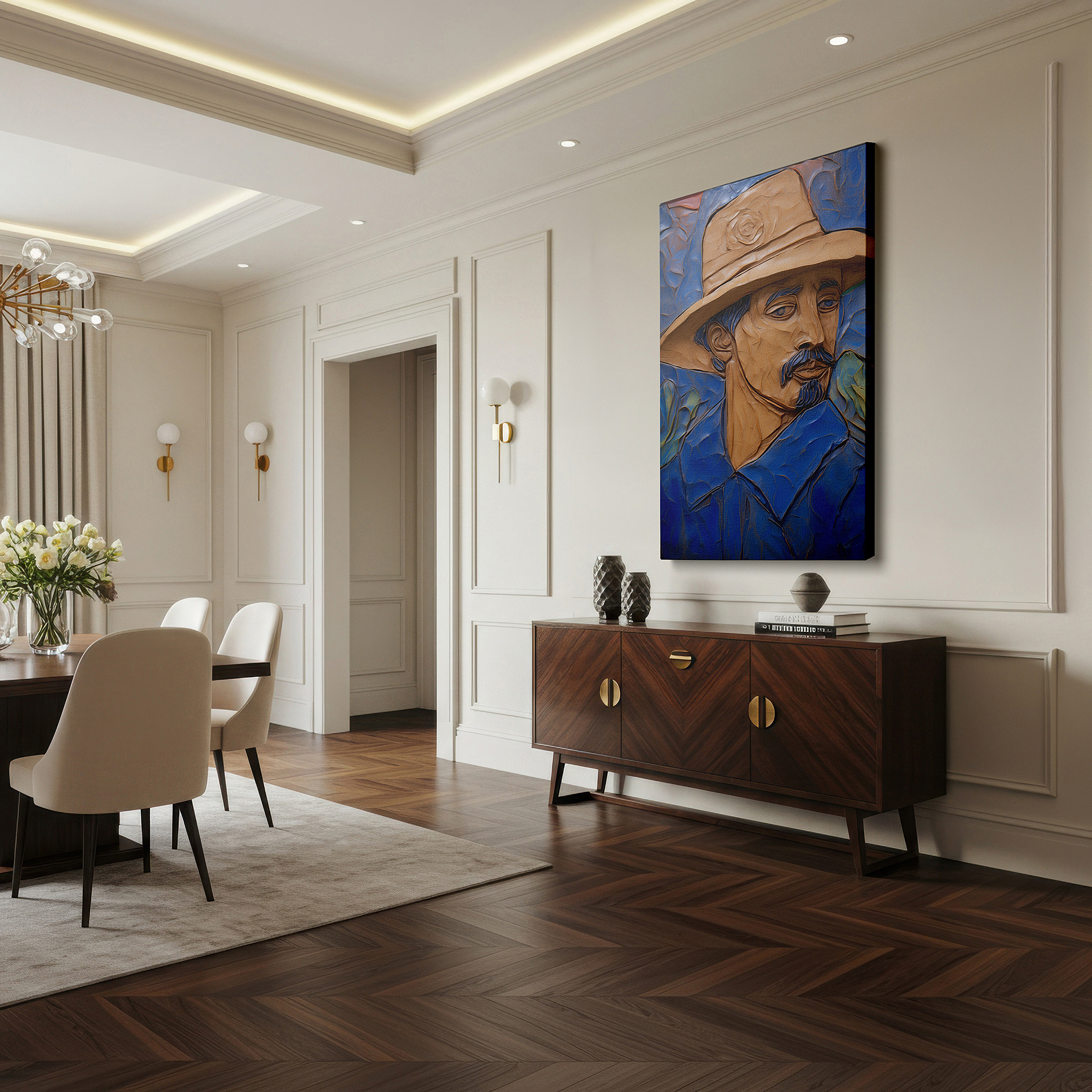 Hung in a cozy reading nook beside a floor lamp and bookshelf — the mysterious gentleman in a broad-brimmed hat: exploring textural contrasts and emotional depths - large wall art, canvas wall art, wall decor for office
