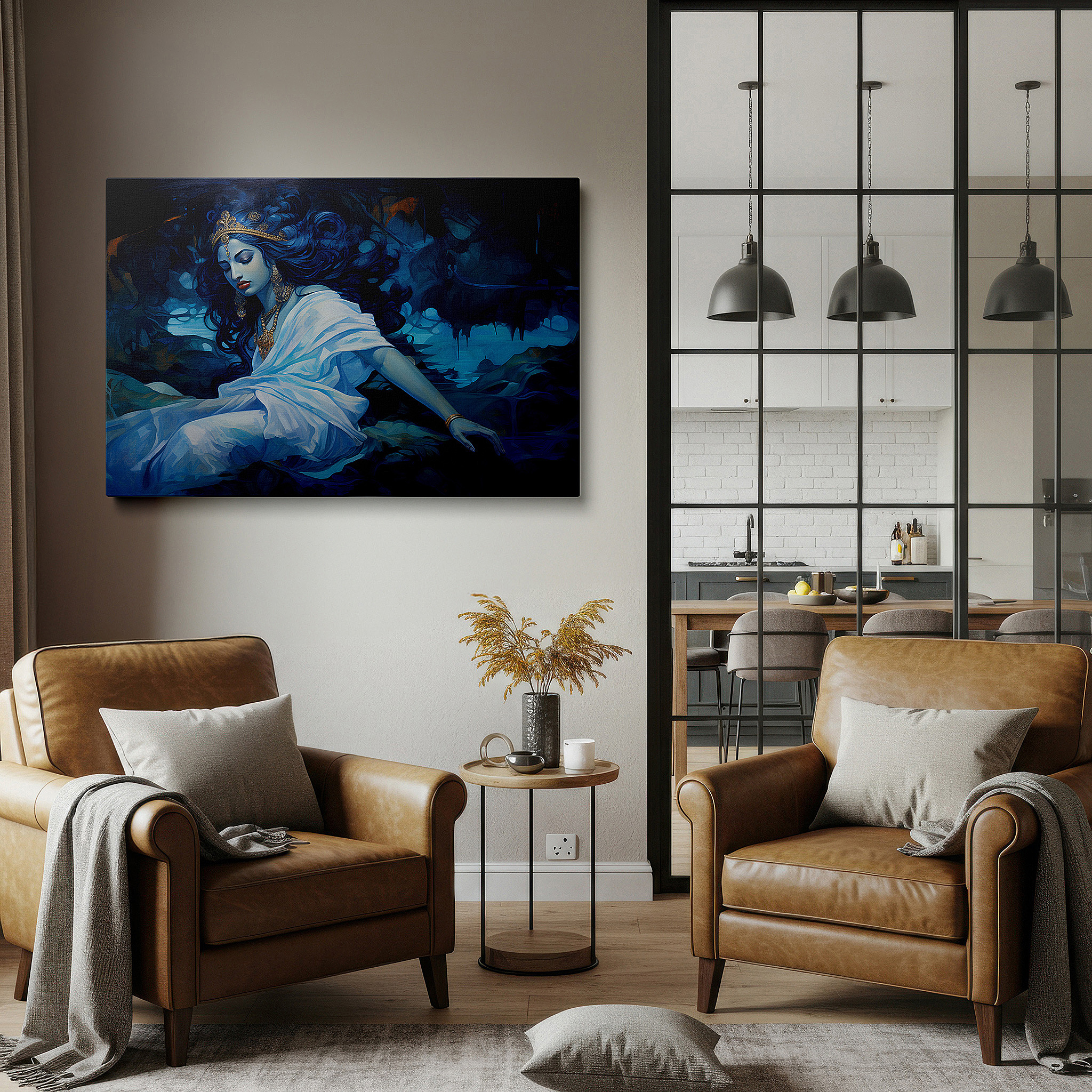 Hung in a cozy reading nook beside a floor lamp and bookshelf — mystical elegance in blue hues: enigmatic figure draped in flowing robes, large wall art, canvas wall art, wall decor, office wall art
