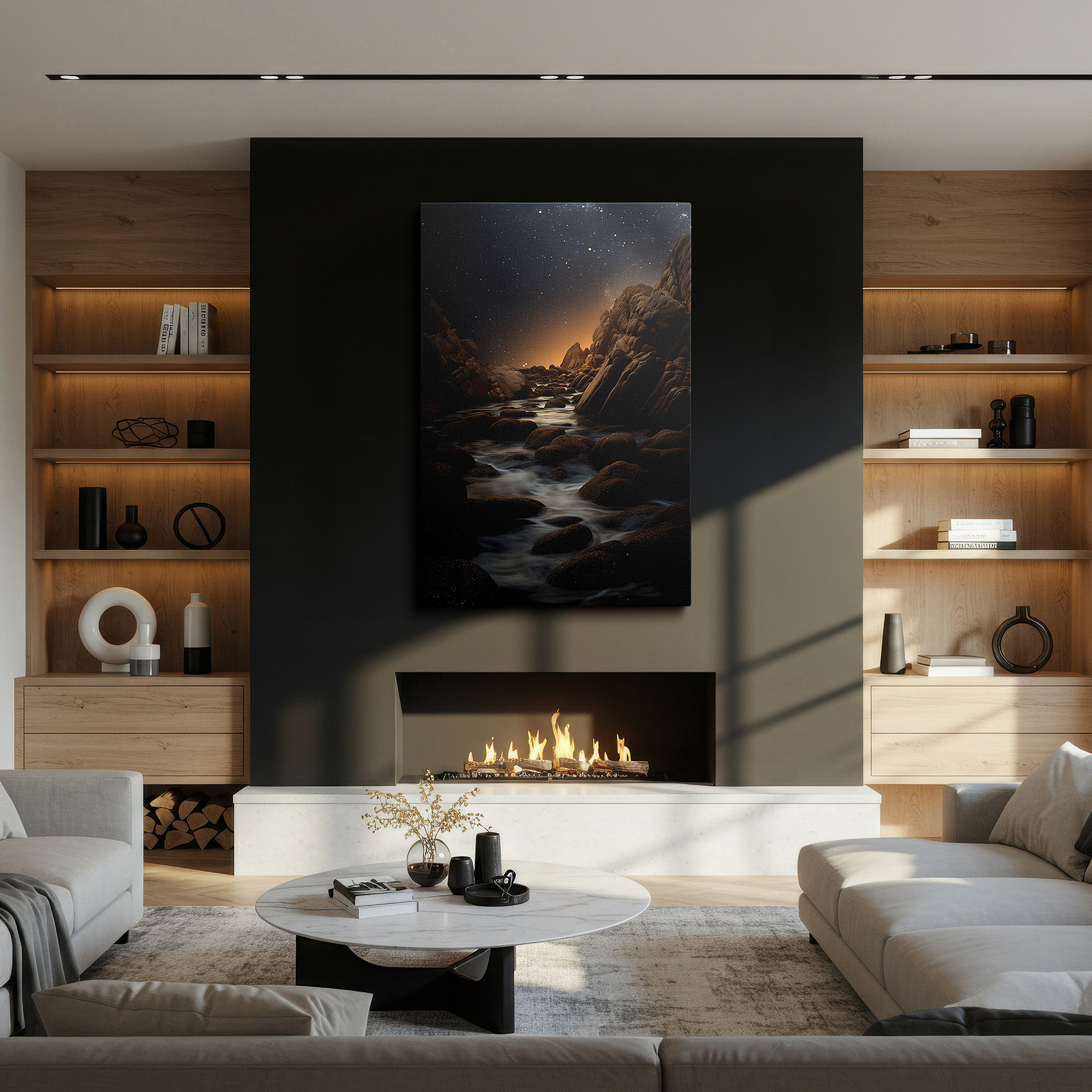 Hung in a cozy reading nook beside a floor lamp and bookshelf — mystical shoreline canvas art: rugged rocks and gentle waters under a starry sky - large wall decor for office