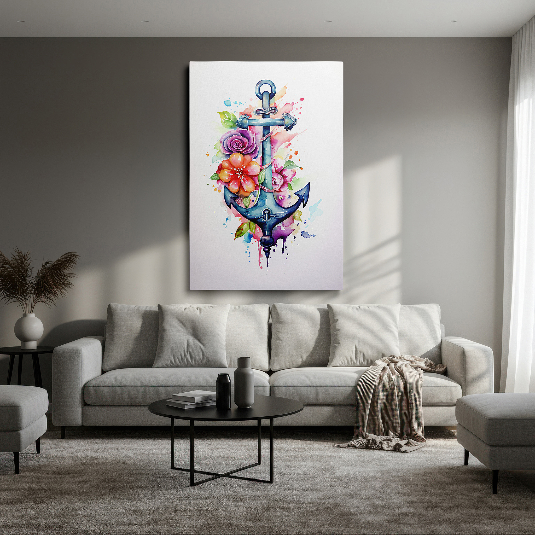 Hung in a cozy reading nook beside a floor lamp and bookshelf — nautical anchor and vivid botanicals wall art - symbolizing strength and grace, perfect for office or bedroom decor, available as large canvas