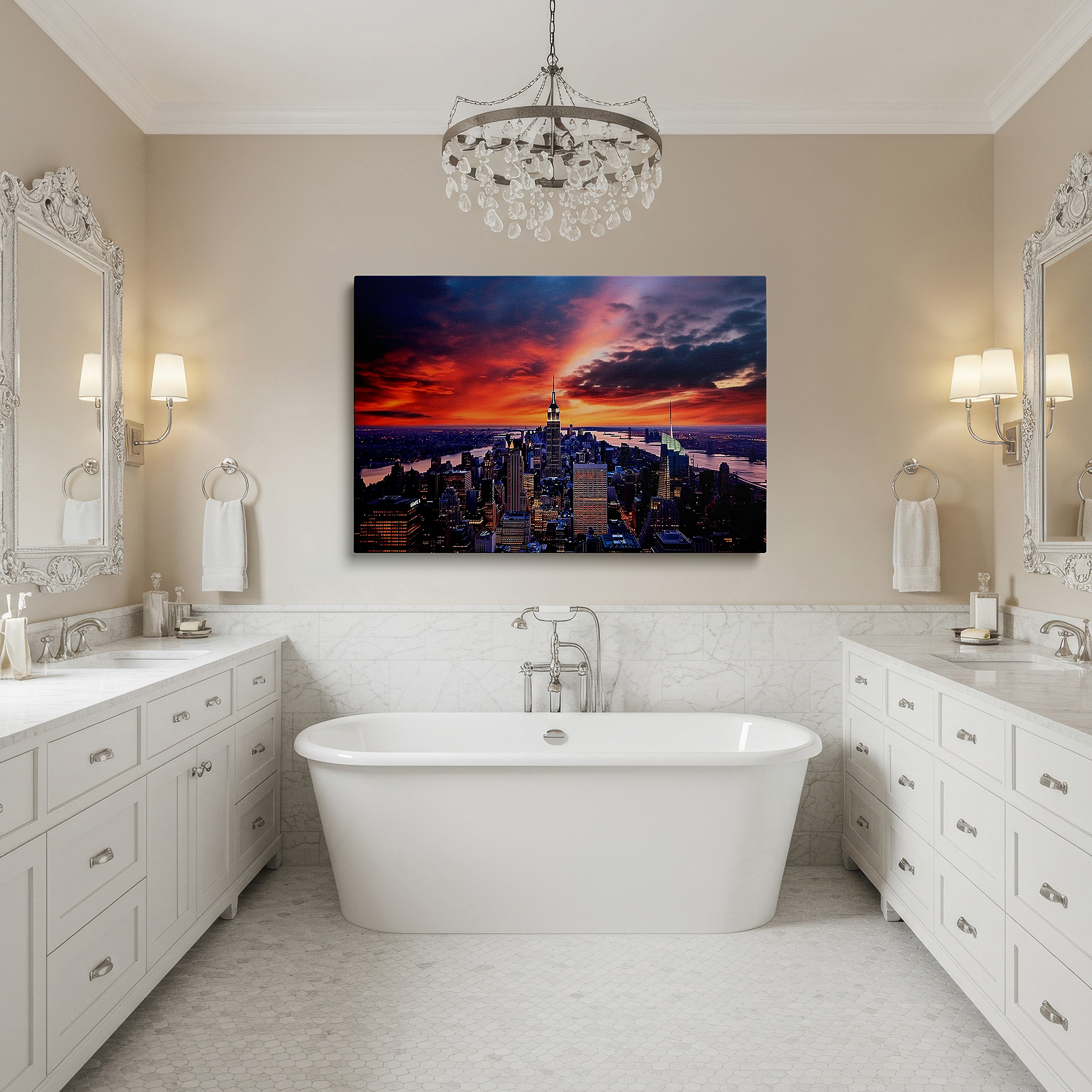 Hung in a cozy reading nook beside a floor lamp and bookshelf — new york city at sunset: vibrant light and shadow dance across iconic skylines - large wall art, canvas wall art, wall decor for office