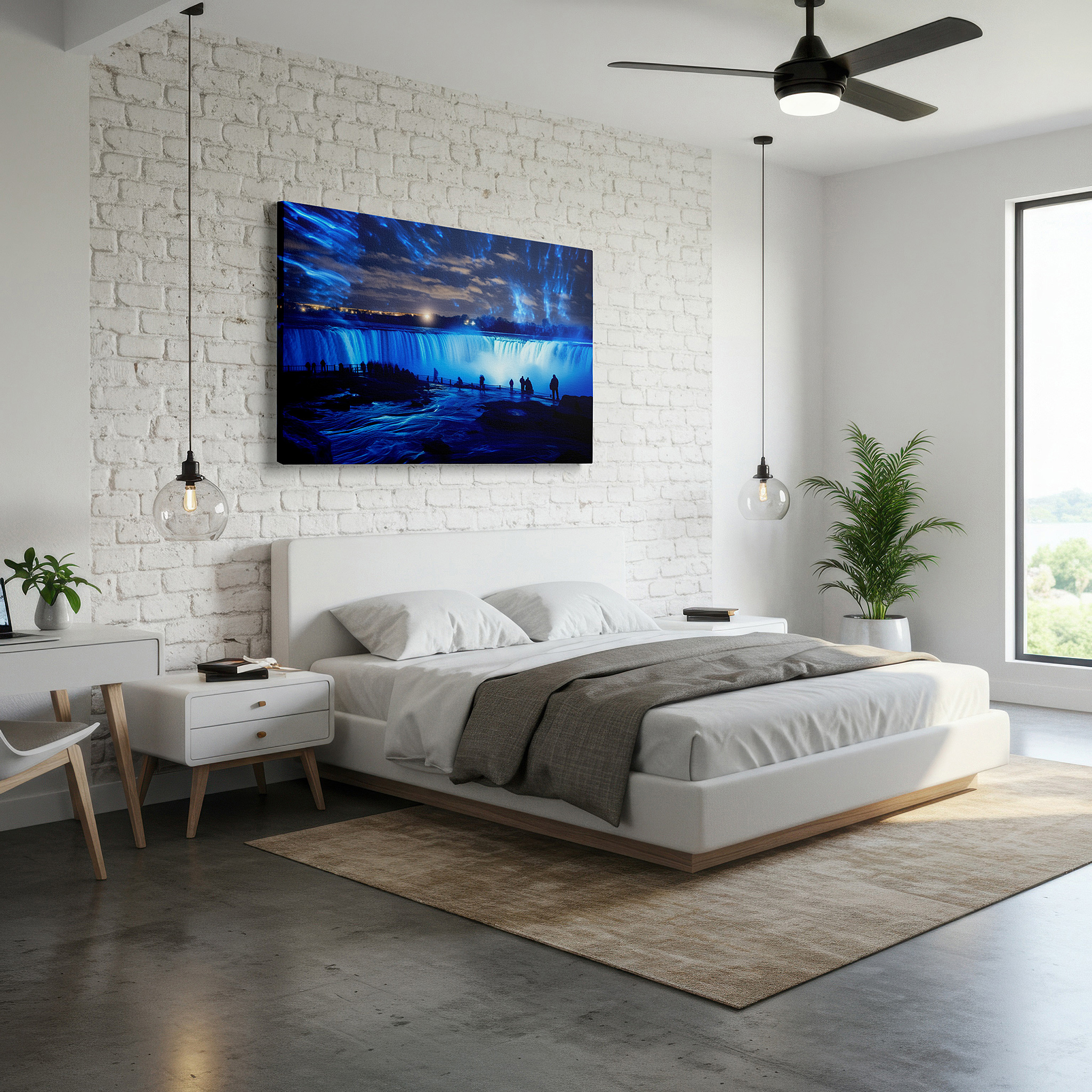 Hung in a cozy reading nook beside a floor lamp and bookshelf — niagara falls enchanted evening: magical light and water display - large canvas wall art for home and office decor