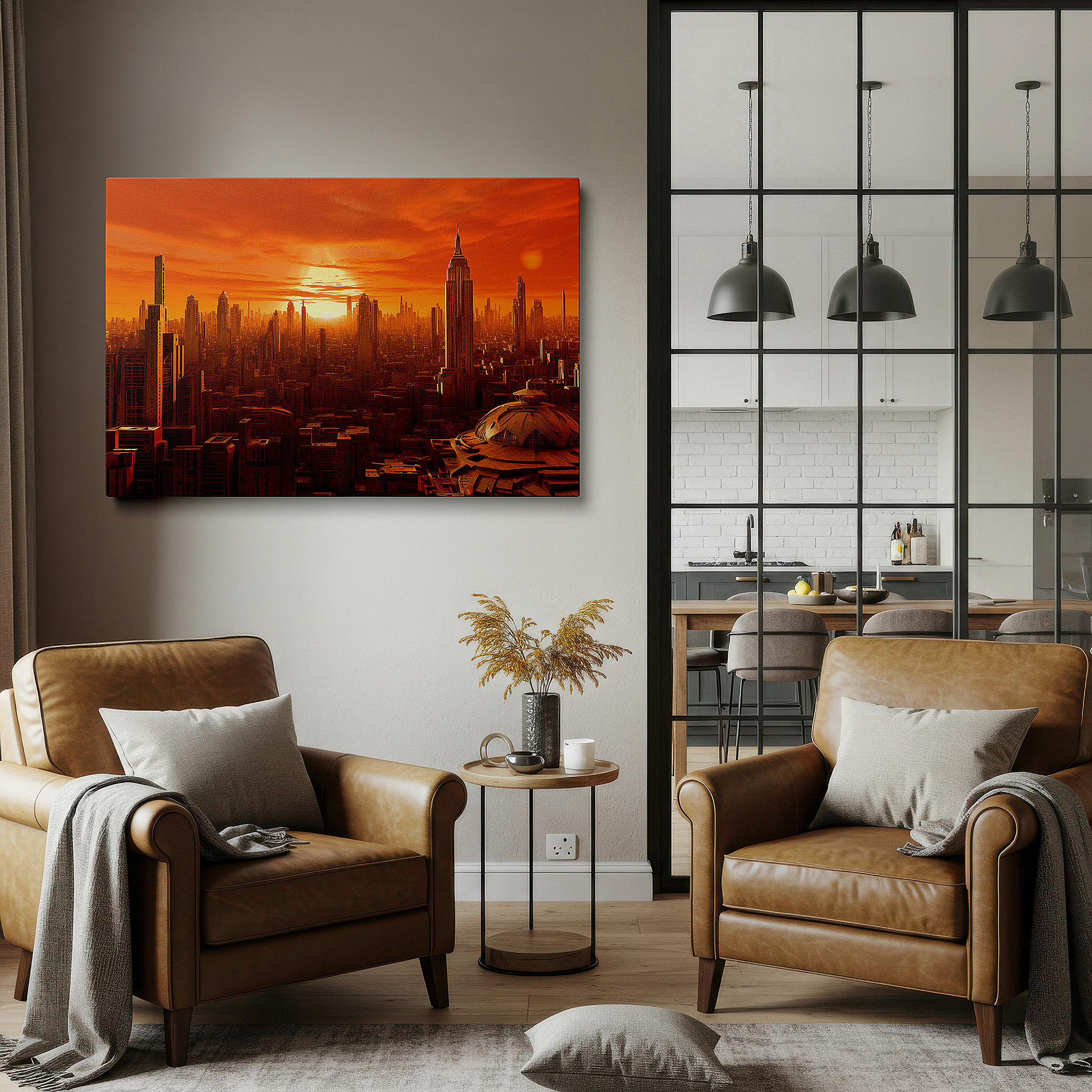 Hung in a cozy reading nook beside a floor lamp and bookshelf — orange sunset over futuristic cityscape: modern urban dreams large wall art, canvas wall art, wall decor for office and bedroom
