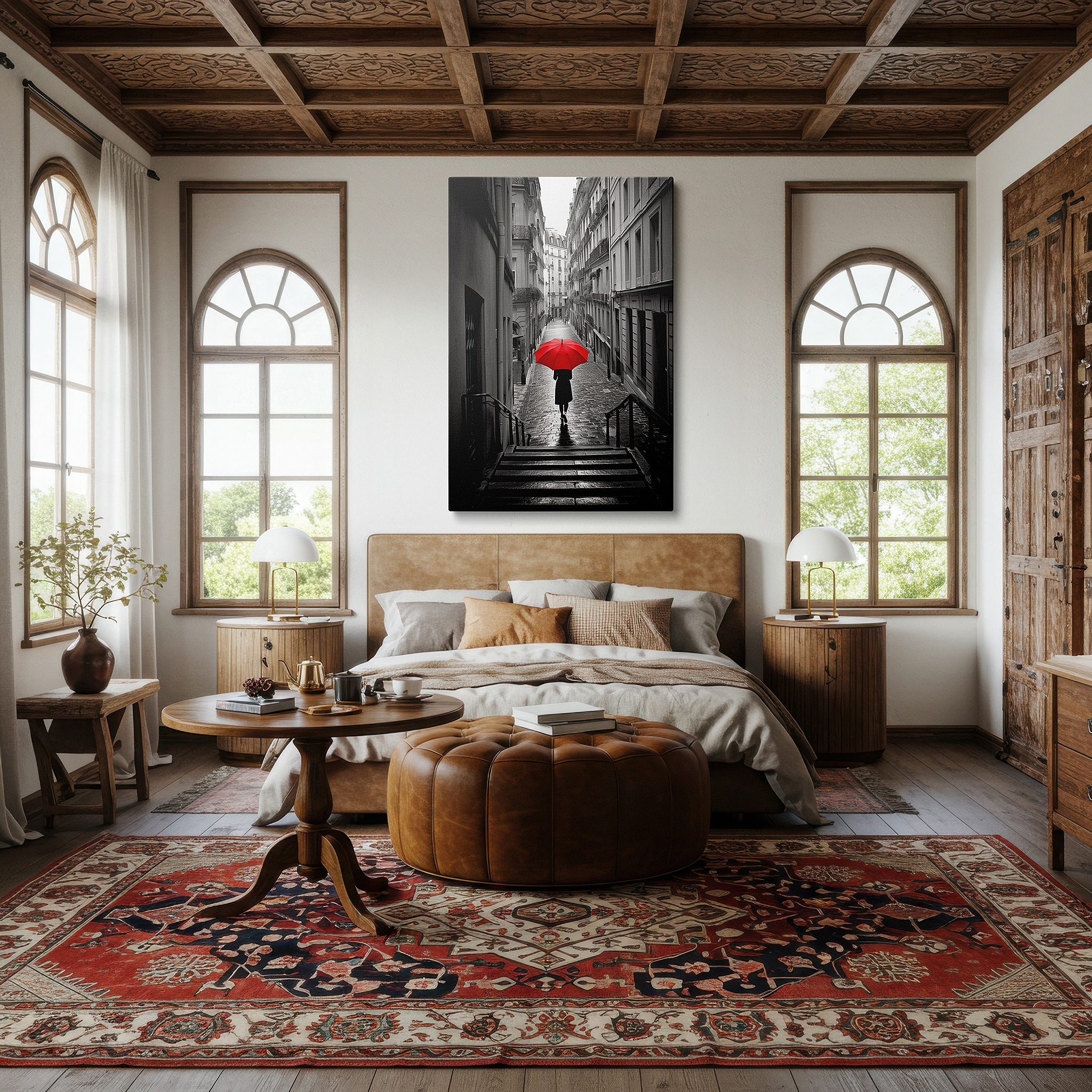 Hung in a cozy reading nook beside a floor lamp and bookshelf — red umbrella on rainy paris street large canvas wall art for office, living room, and bedroom decor