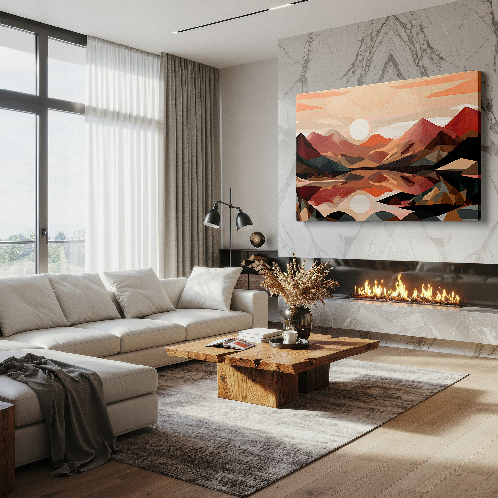 Hung in a cozy reading nook beside a floor lamp and bookshelf — reflective geometric mountains and water: bold nature and modern design large wall art, canvas wall art, office wall decor