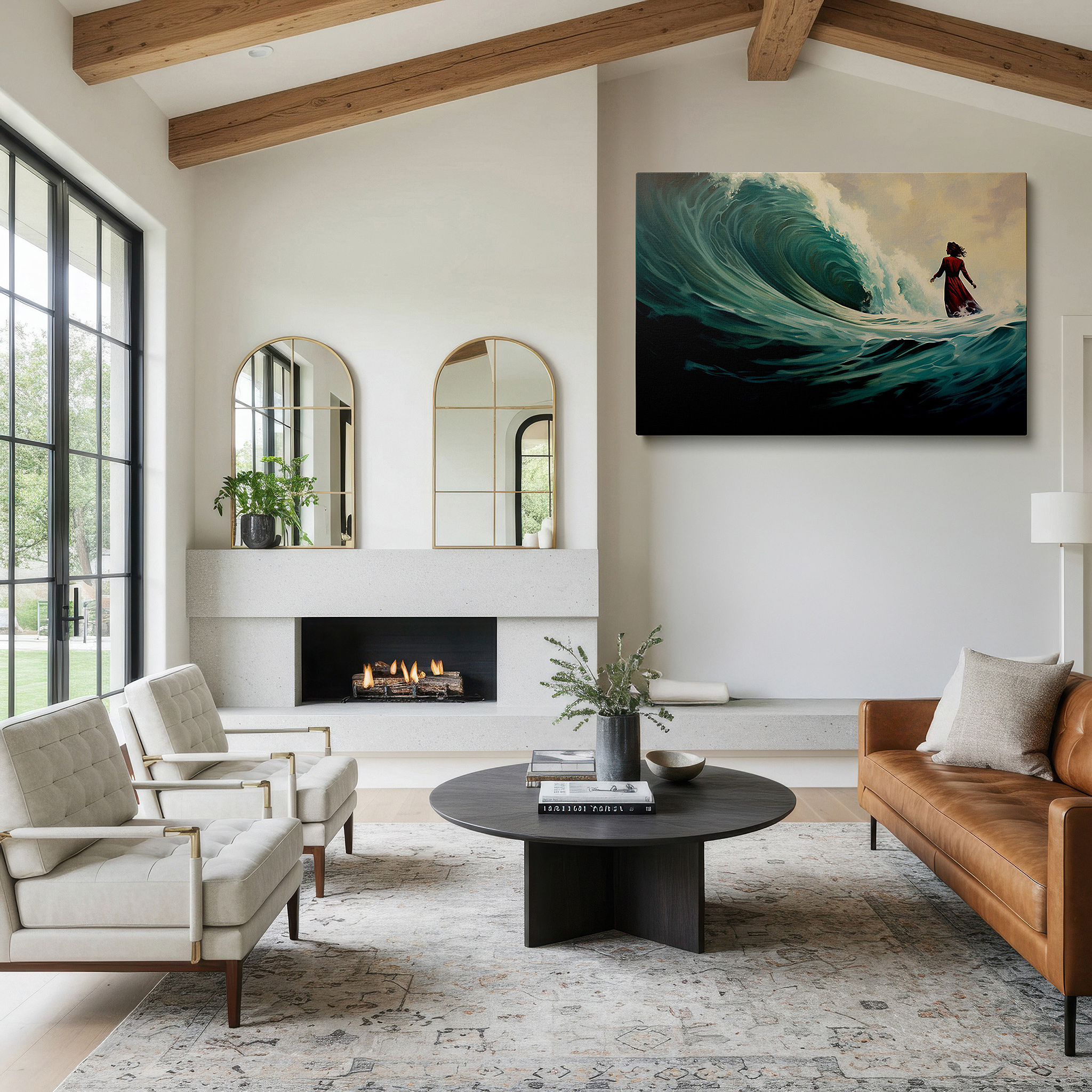 Hung in a cozy reading nook beside a floor lamp and bookshelf — resilient humanity: majestic nature waves large wall art, canvas decor for office, bedroom, and living room