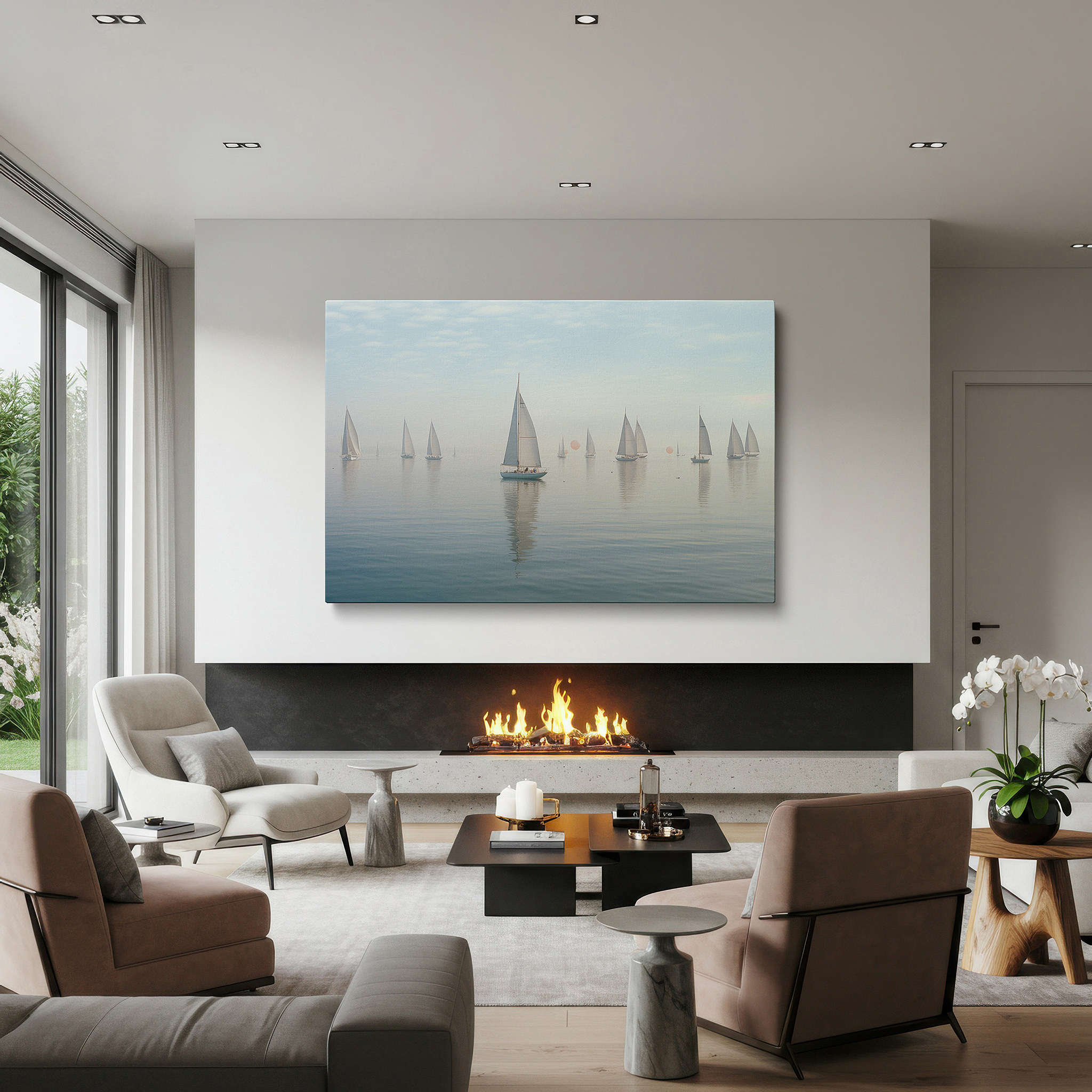 Hung in a cozy reading nook beside a floor lamp and bookshelf — sailboats on a misty lake - serene morning in ethereal fog large wall art, canvas wall art, wall decor for office and bedroom