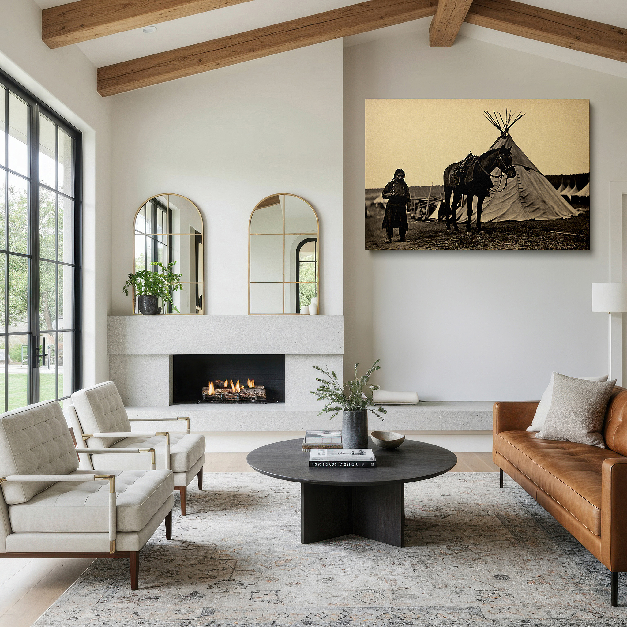 Hung in a cozy reading nook beside a floor lamp and bookshelf — sepia-toned timeless scene of serenity featuring a woman and horse near a teepee - large canvas wall art for office and bedroom decor