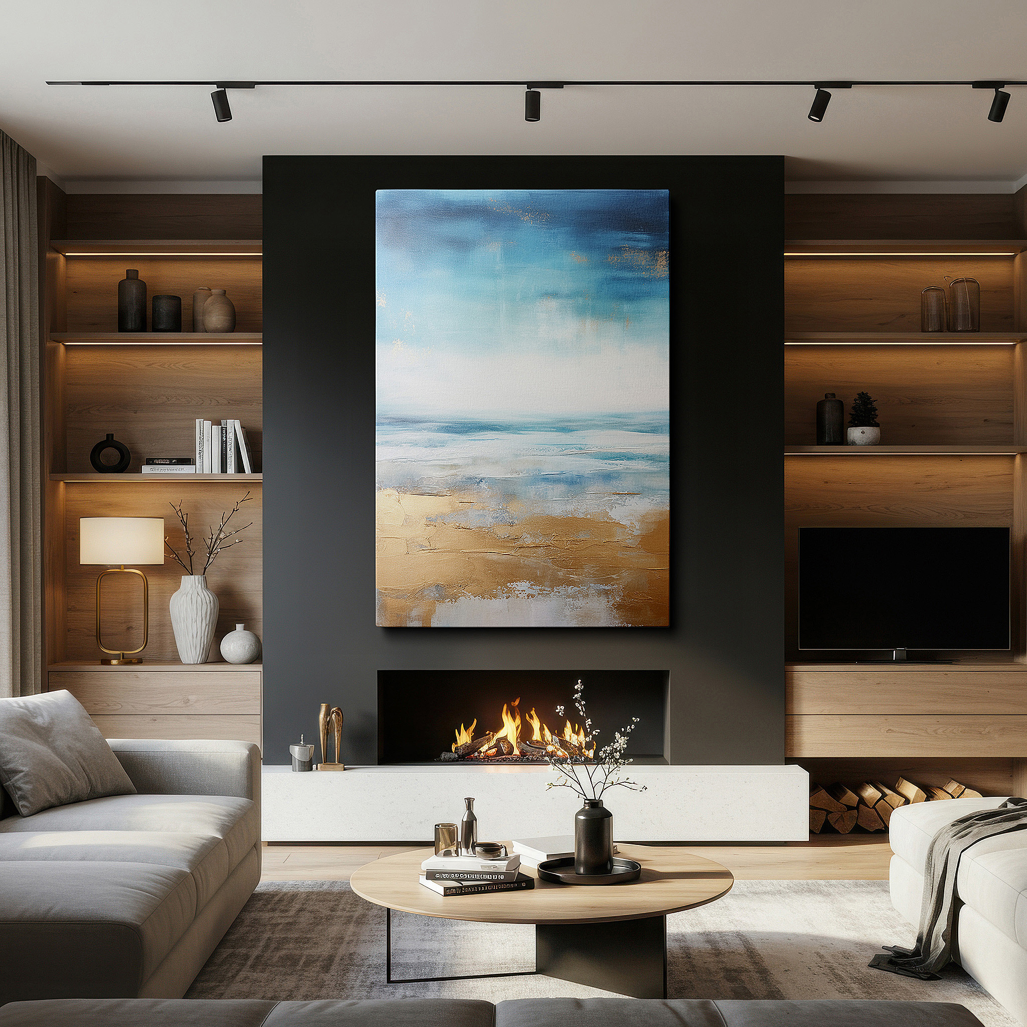 Hung in a cozy reading nook beside a floor lamp and bookshelf — serene beach landscape featuring golden sands and soft blue waves - large canvas wall art for office, bedroom, and living room decor