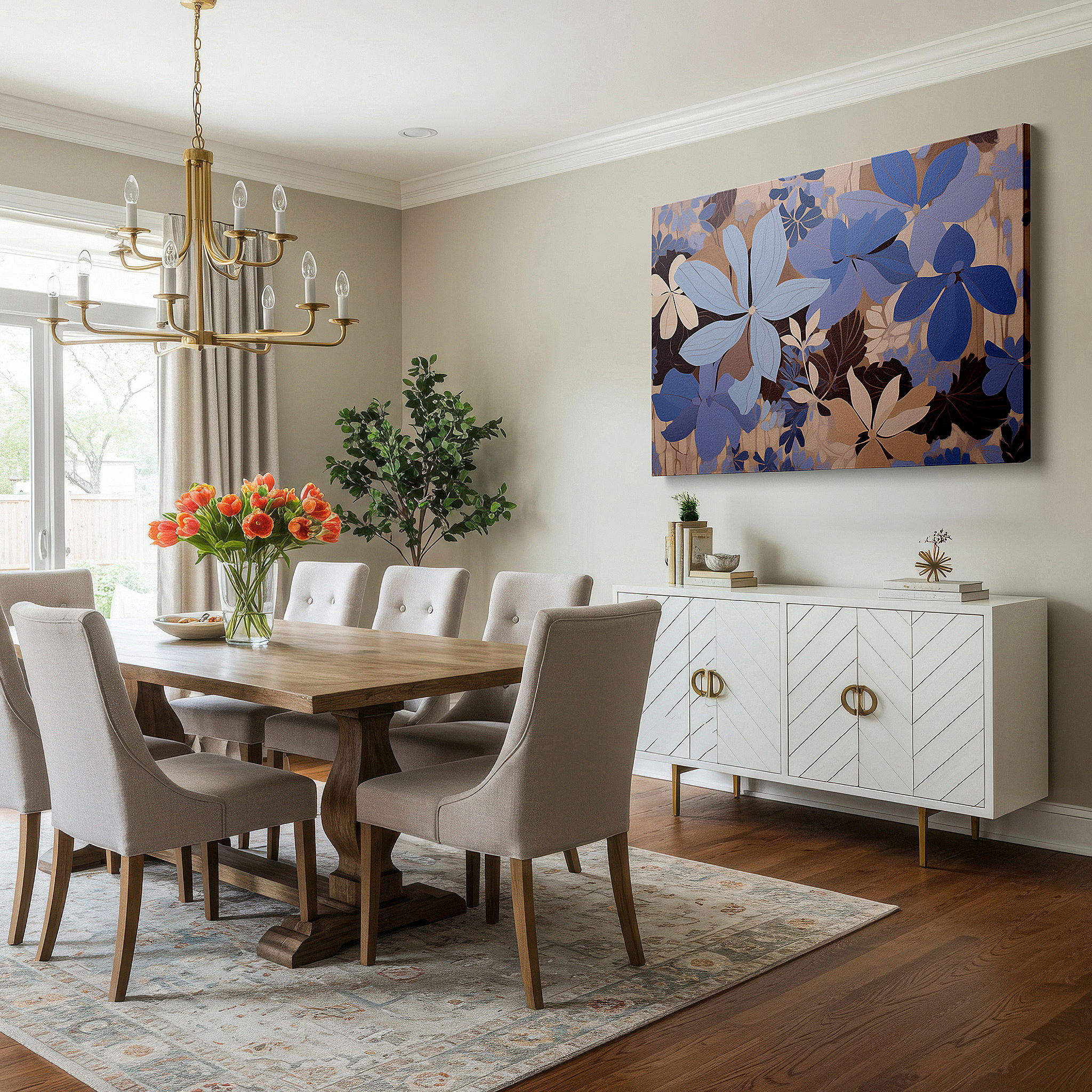Hung in a cozy reading nook beside a floor lamp and bookshelf — serene blue floral elegance featuring tranquil hydrangeas and soft foliage: large canvas wall art for office and bedroom decor