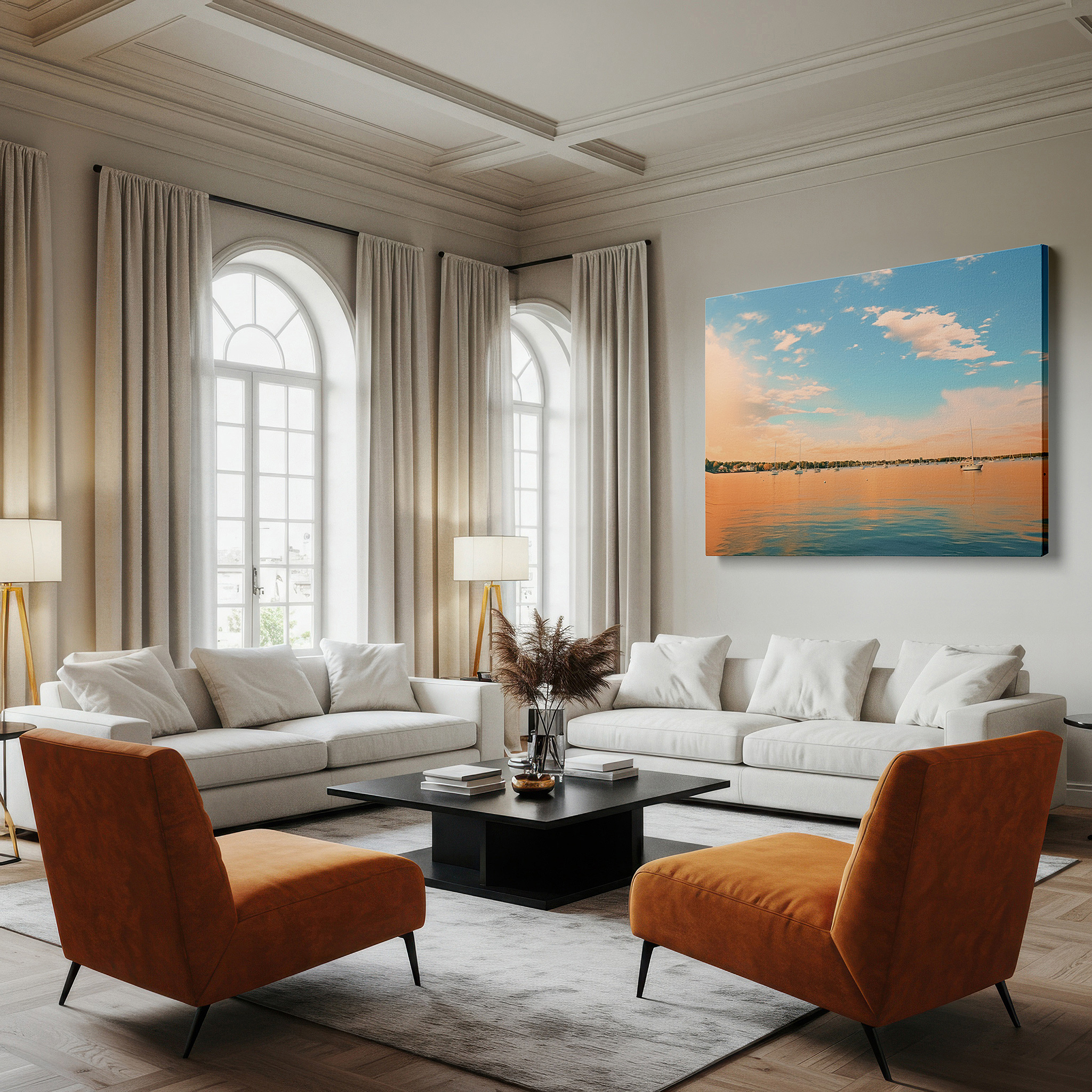 Hung in a cozy reading nook beside a floor lamp and bookshelf — serene lakeside sunset featuring boats and reflective waters - large canvas wall art for office and bedroom decor