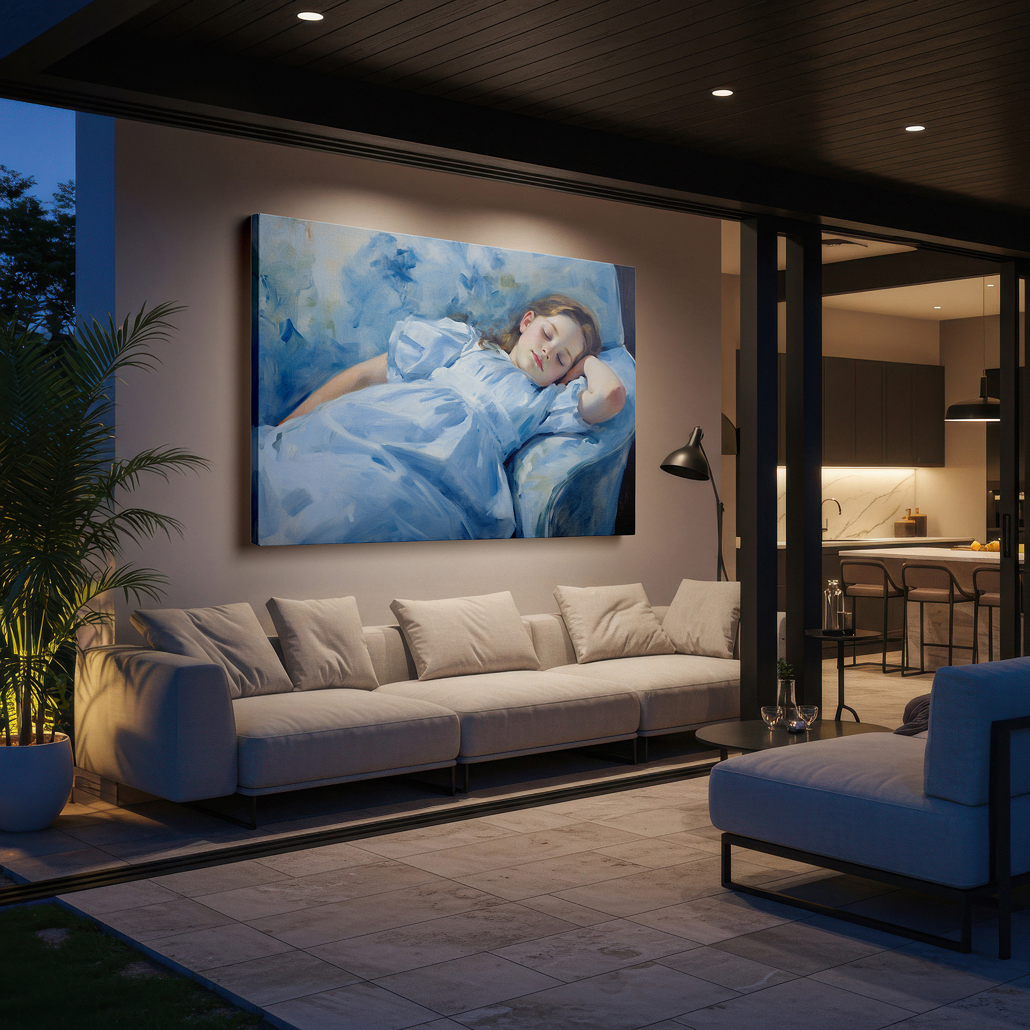 Hung in a cozy reading nook beside a floor lamp and bookshelf — serene sleep of a young girl in soft blue hues, oversized canvas wall art for home and office decor, suitable for bedrooms and living rooms