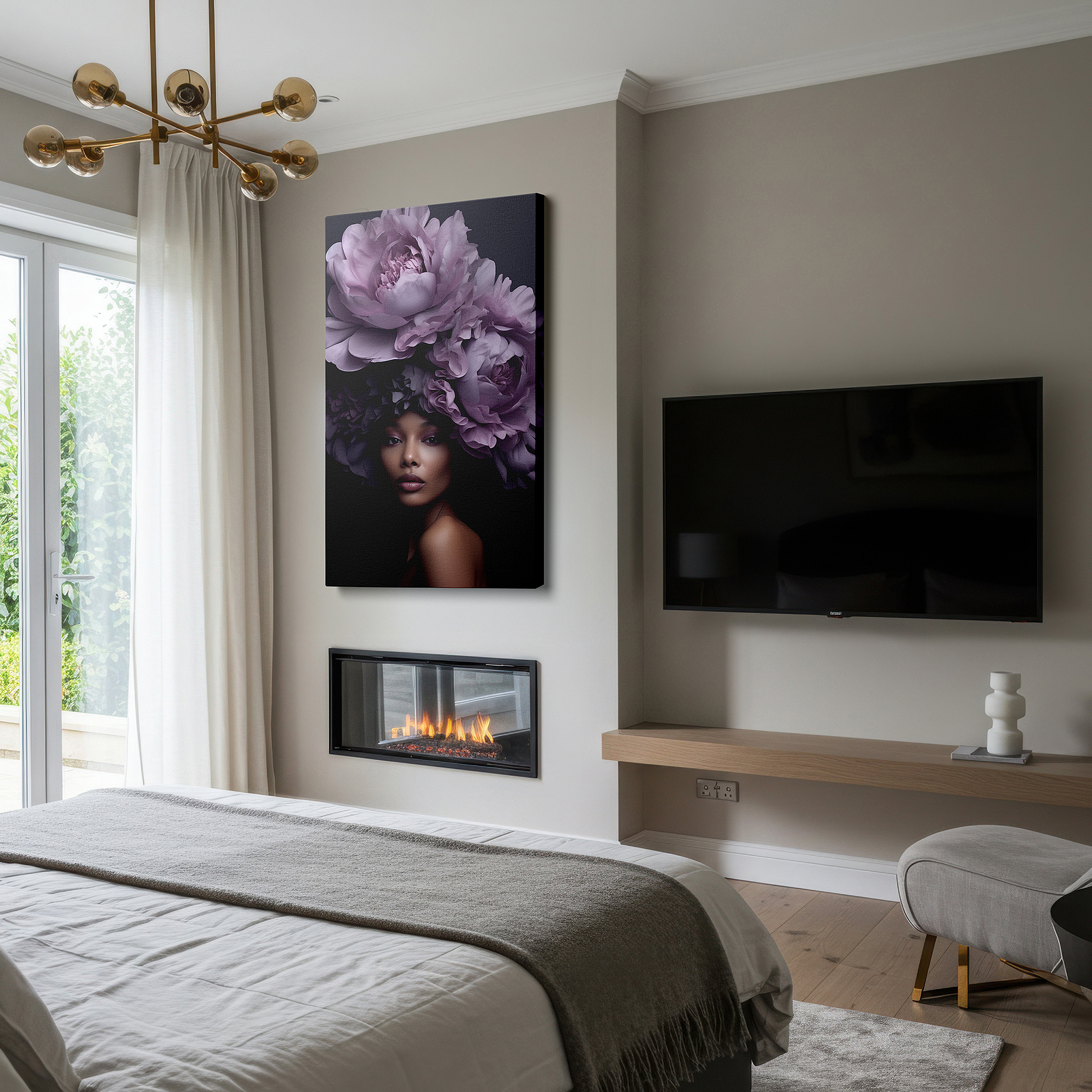 Hung in a cozy reading nook beside a floor lamp and bookshelf — serene and strong ethereal woman with peony floral headpiece - large wall art, canvas wall art, wall decor for office and bedroom