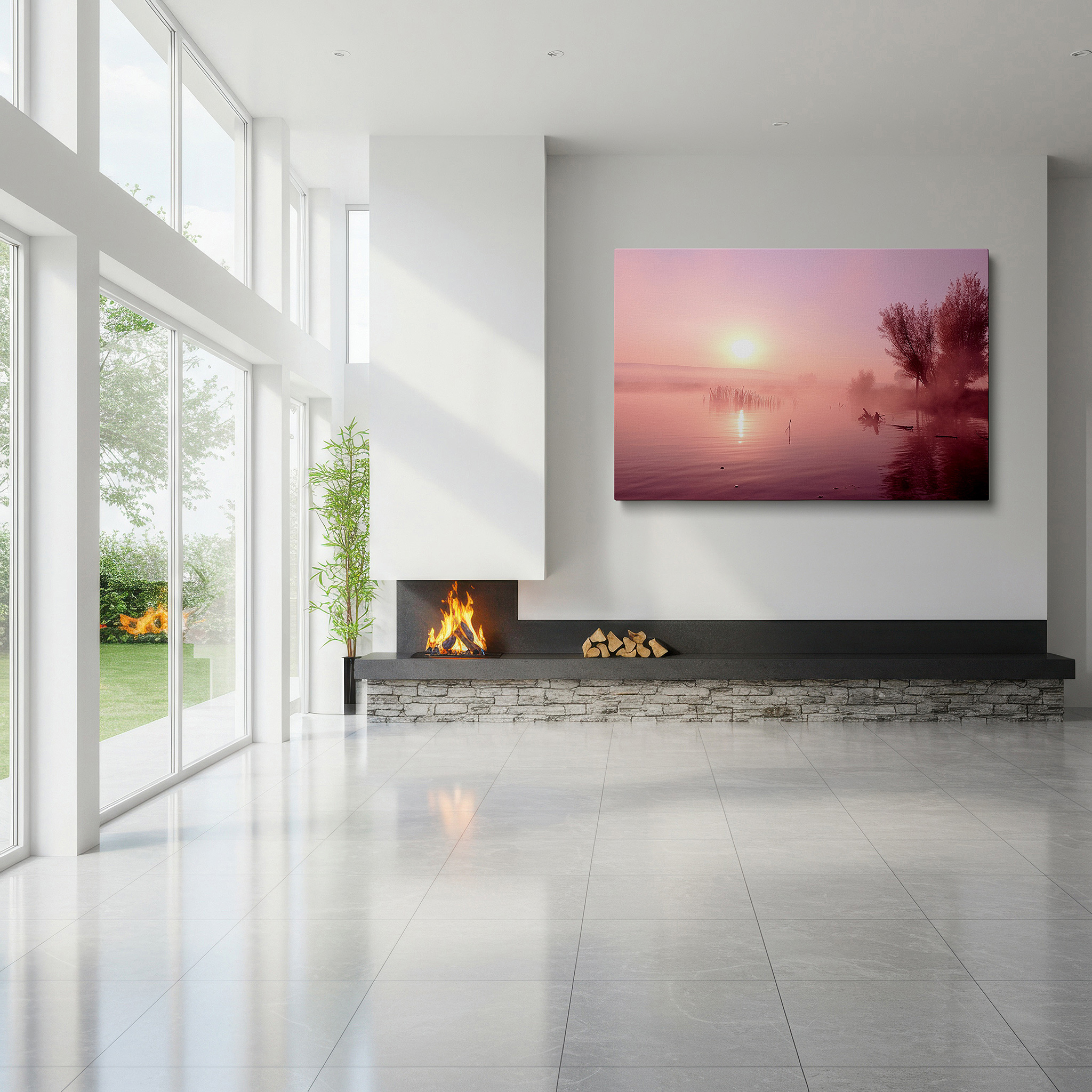 Hung in a cozy reading nook beside a floor lamp and bookshelf — serene sunrise over misty lake wall art: ethereal light and soft pink hues for tranquility - large canvas wall art decor for office
