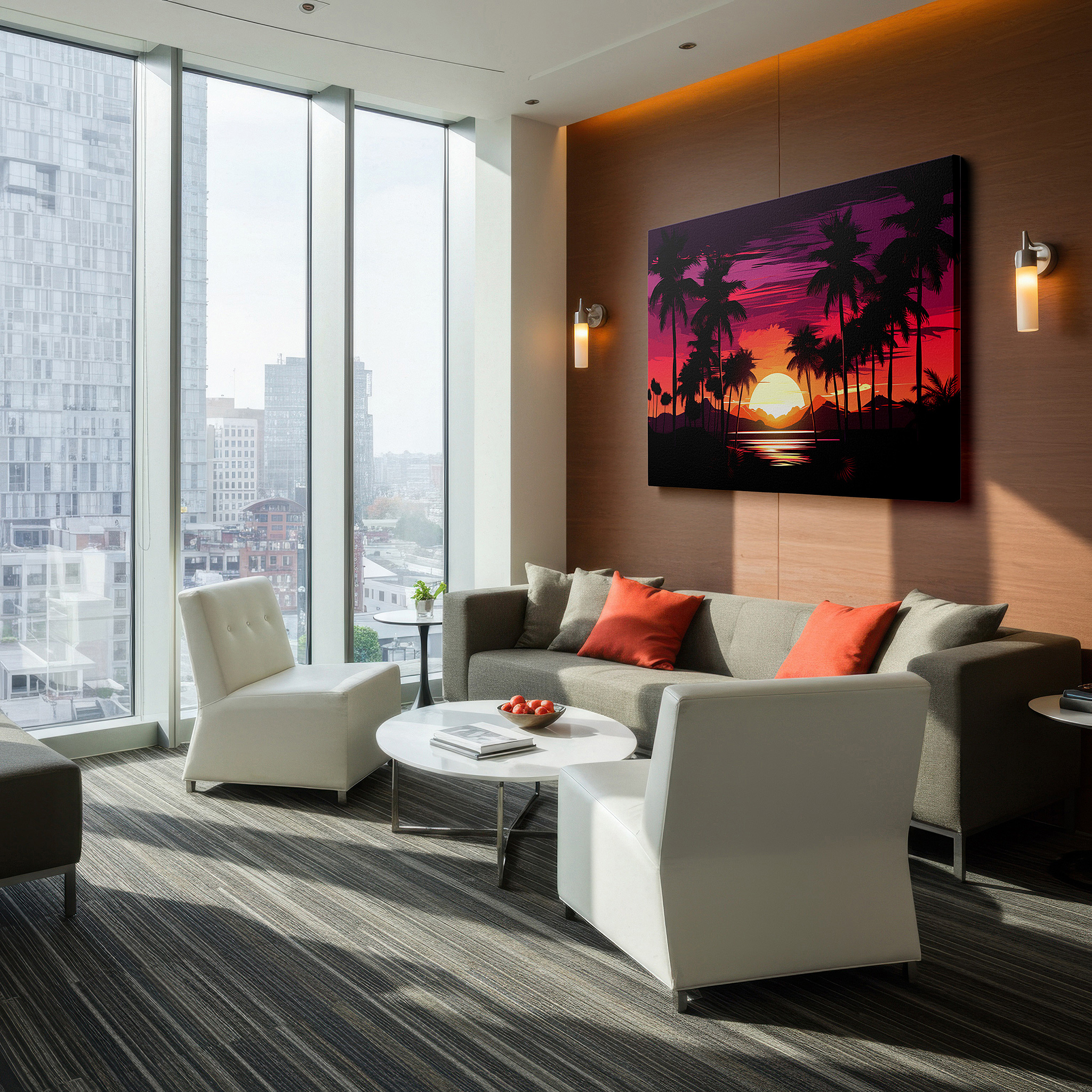Hung in a cozy reading nook beside a floor lamp and bookshelf — serene sunset canvas featuring silhouetted palm trees and ocean horizon - large wall art for office, bedroom, and living room decor