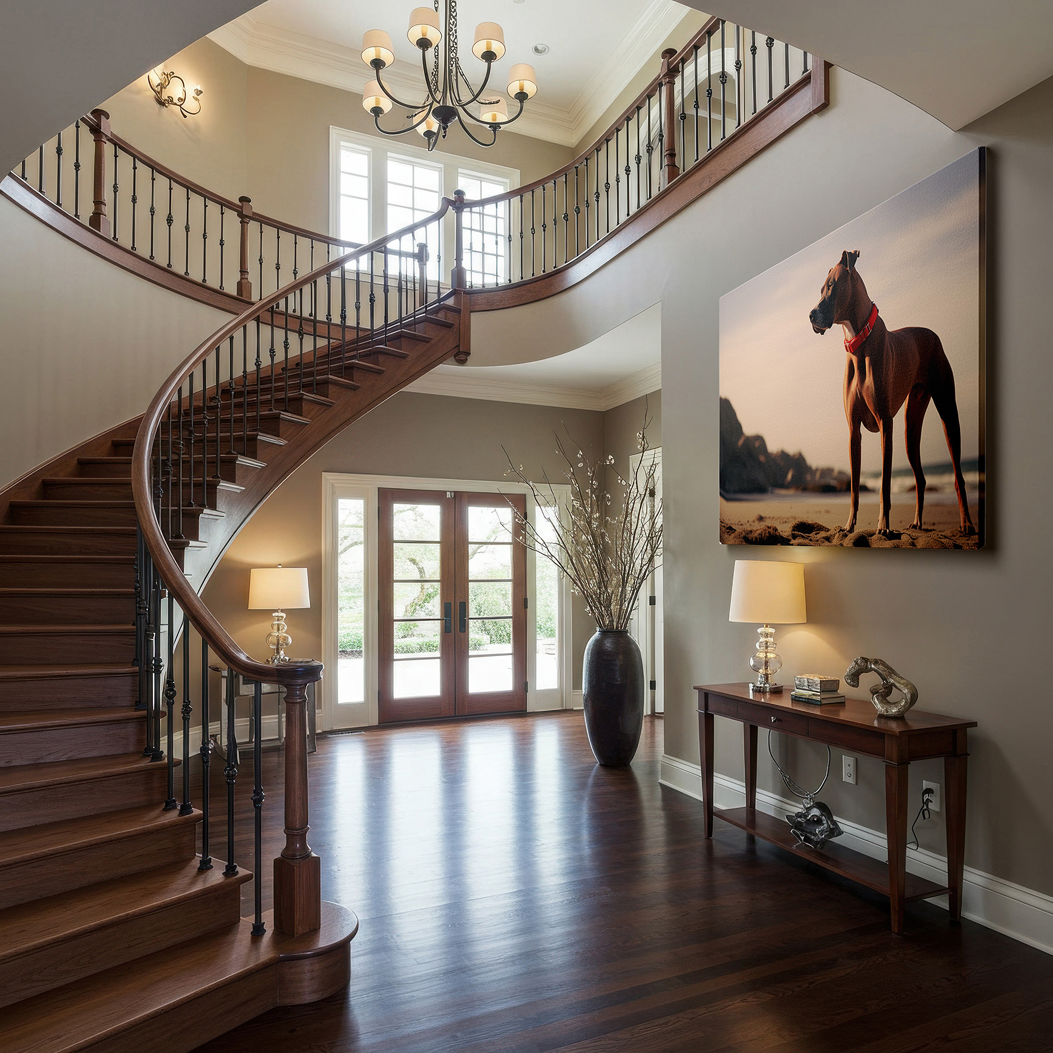 Hung in a cozy reading nook beside a floor lamp and bookshelf — serene sunset and faithful dog overlooking the ocean - large canvas wall art for office and bedroom decor