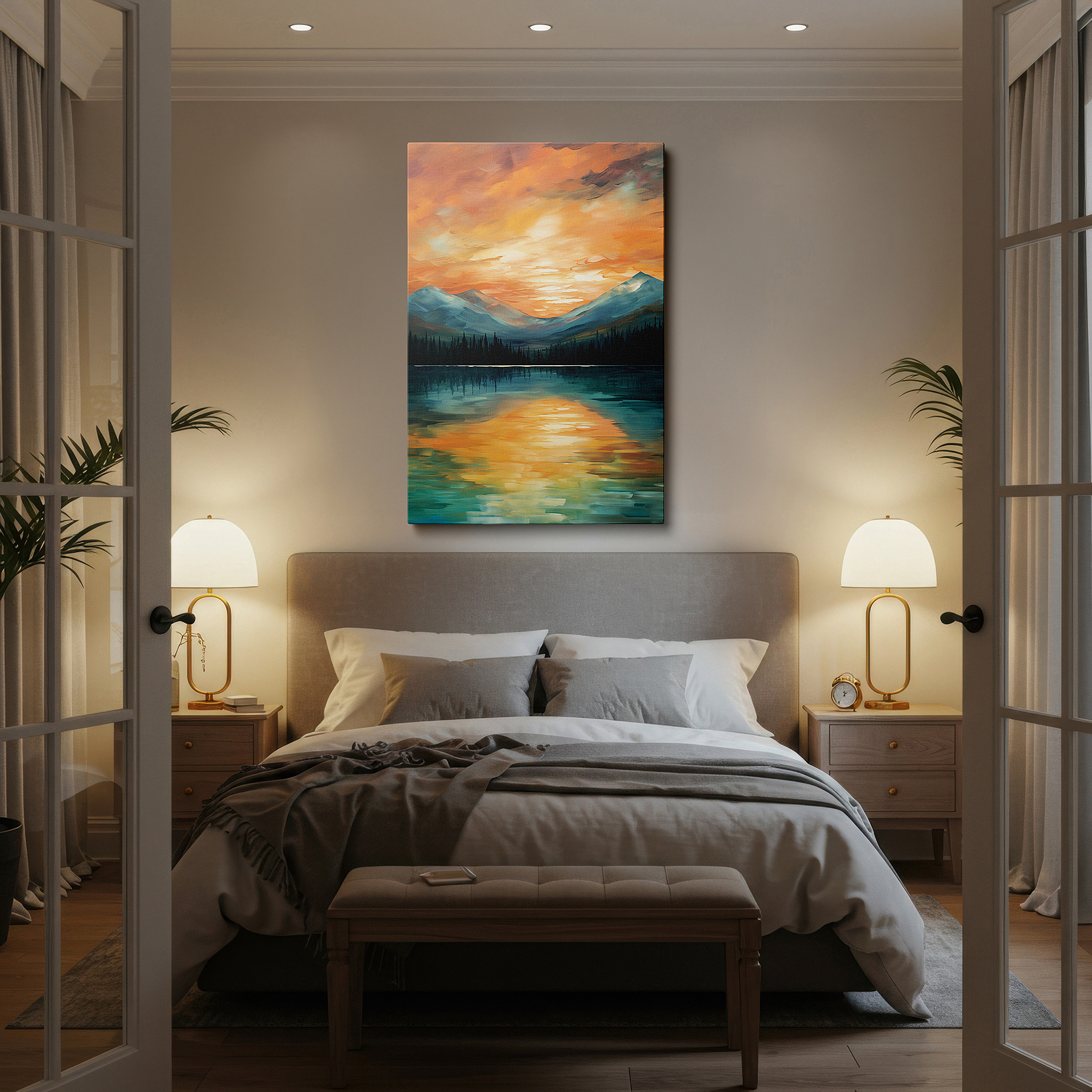 Hung in a cozy reading nook beside a floor lamp and bookshelf — serene sunset over tranquil mountain lake - nature's beauty reflected in large wall art, canvas decor for office and bedroom