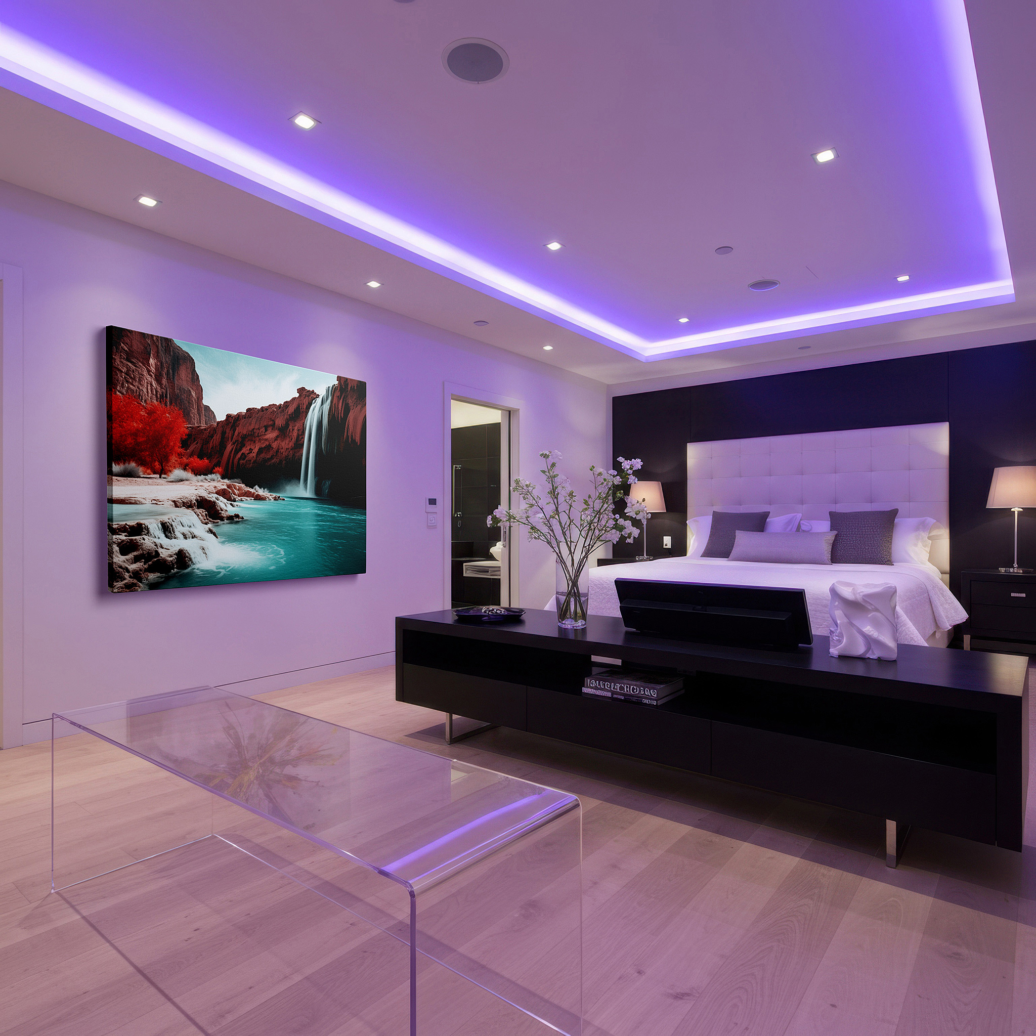 Hung in a cozy reading nook beside a floor lamp and bookshelf — serene waterfalls on crimson rocks surrounded by verdant foliage: oversized wall art for living rooms, bedrooms, and offices