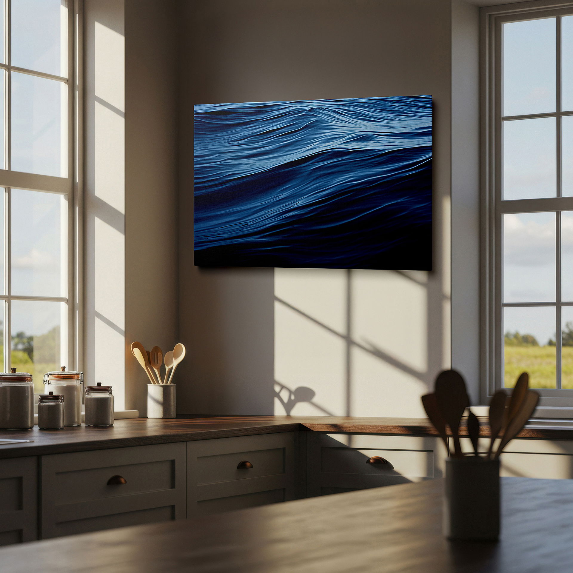 Hung in a cozy reading nook beside a floor lamp and bookshelf — serene waters and sky reflections: a tranquil display of light and color - large canvas wall art for office and bedroom decor