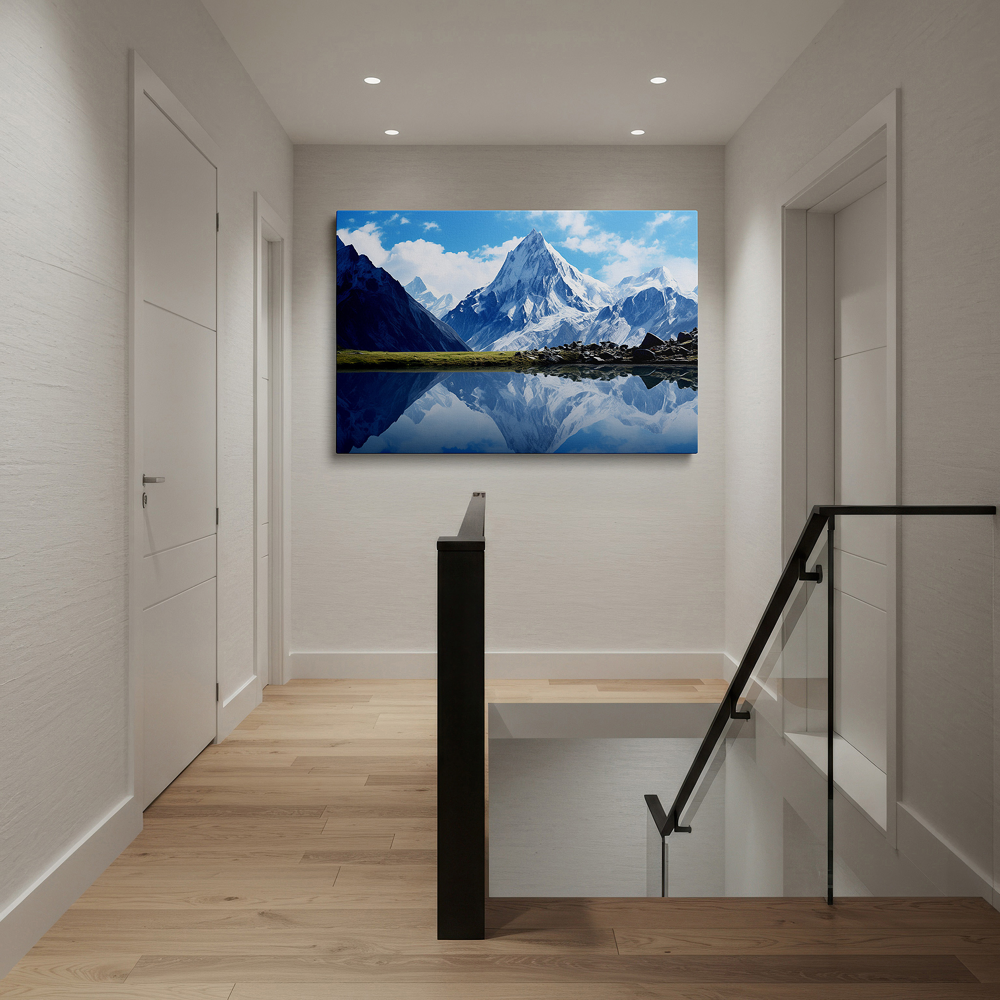 Hung in a cozy reading nook beside a floor lamp and bookshelf — snow-capped mountains and serene lake reflections - tranquil nature scene large wall art, canvas wall art, wall decor for office and bedroom