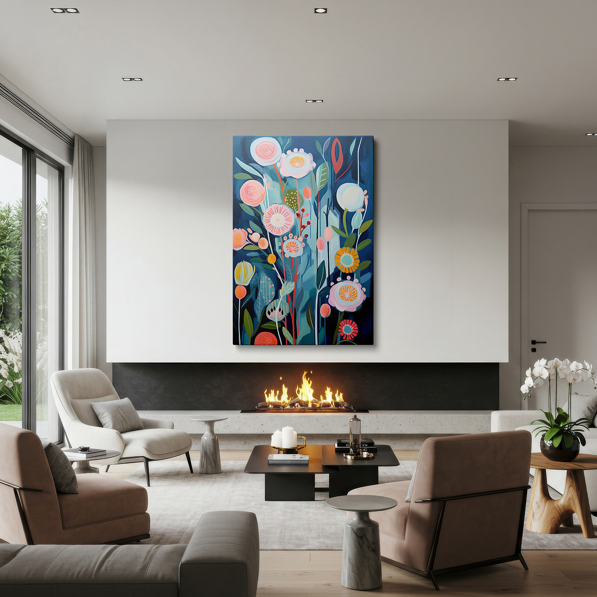 Hung in a cozy reading nook beside a floor lamp and bookshelf — soft pastel enchanting blossoms: a whimsical display of spring's joy, large canvas wall art for office decor