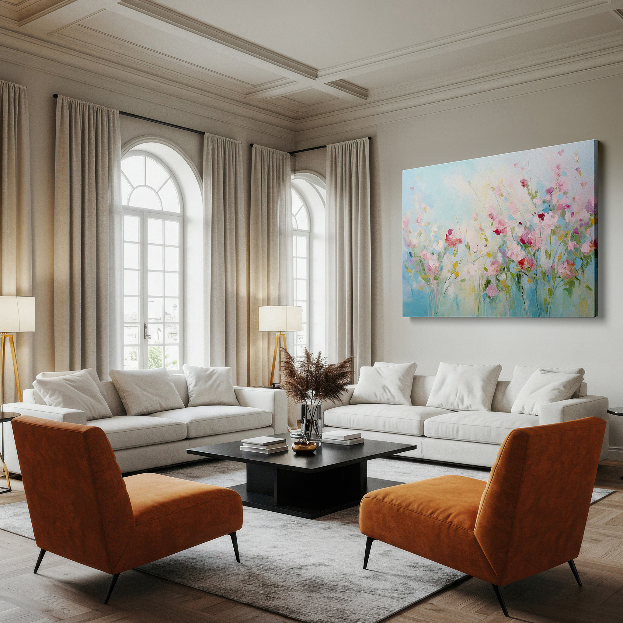 Hung in a cozy reading nook beside a floor lamp and bookshelf — soft pastel ethereal floral symphony, tranquil centerpiece for serene spaces, large canvas wall art decor for offices
