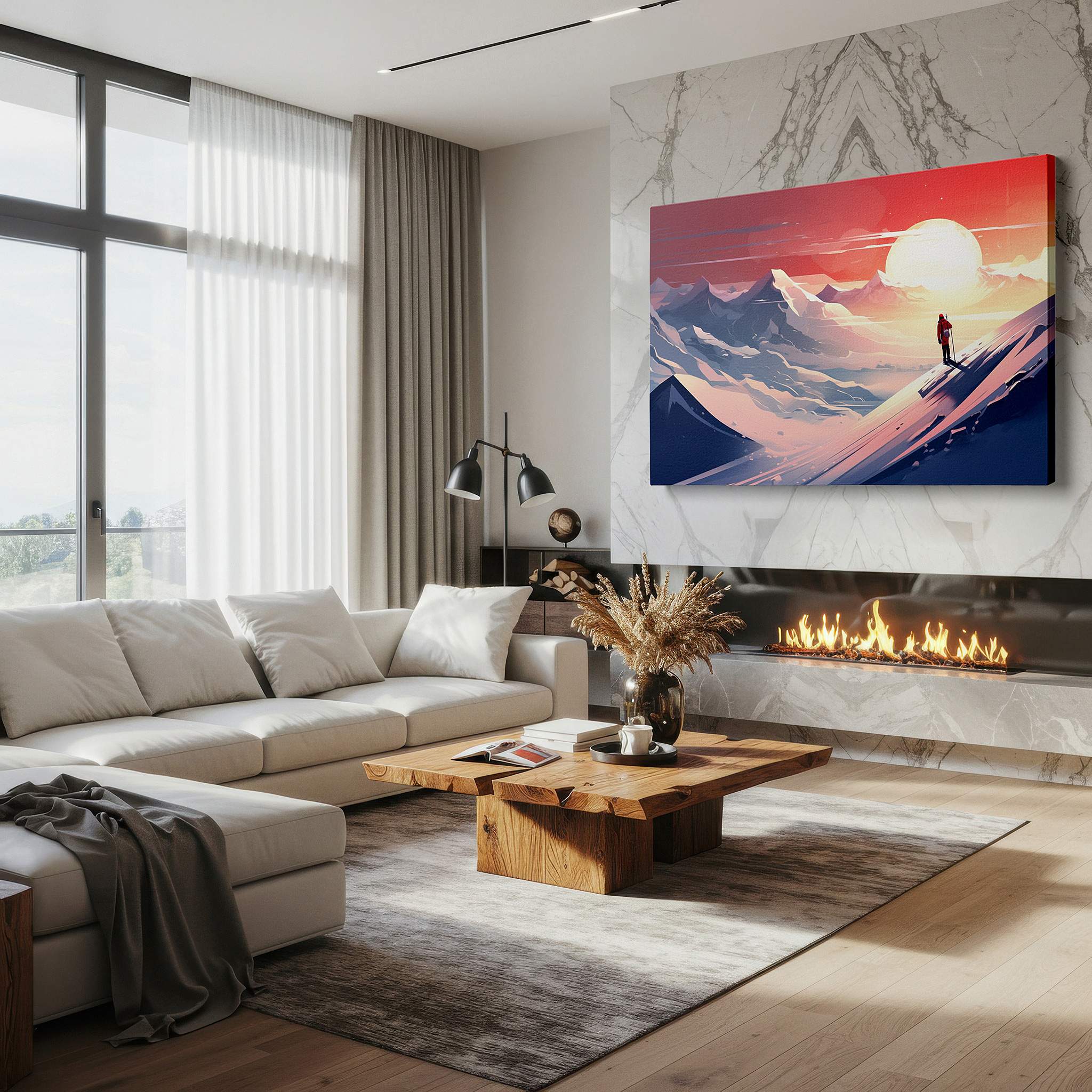 Hung in a cozy reading nook beside a floor lamp and bookshelf — solitary hiker among snow-capped peaks at sunset - a scene of solitude and adventure, large wall art, canvas, home and office decor