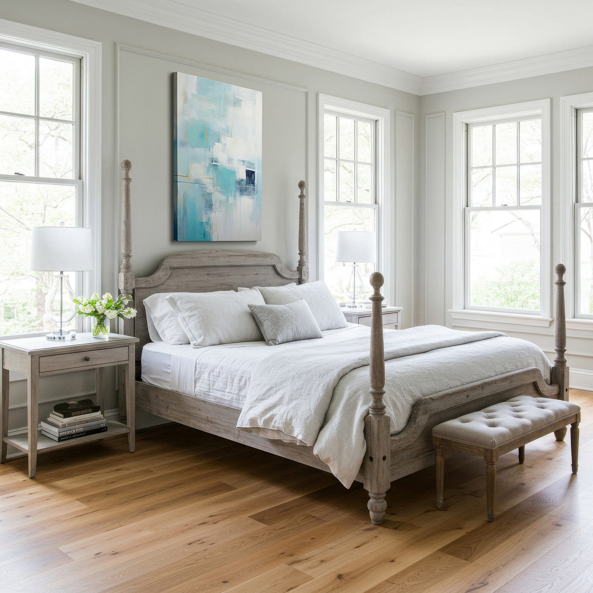 Hung in a cozy reading nook beside a floor lamp and bookshelf — soothing blue sanctuary: serene abstract landscape for peaceful reflection, large canvas wall art decor