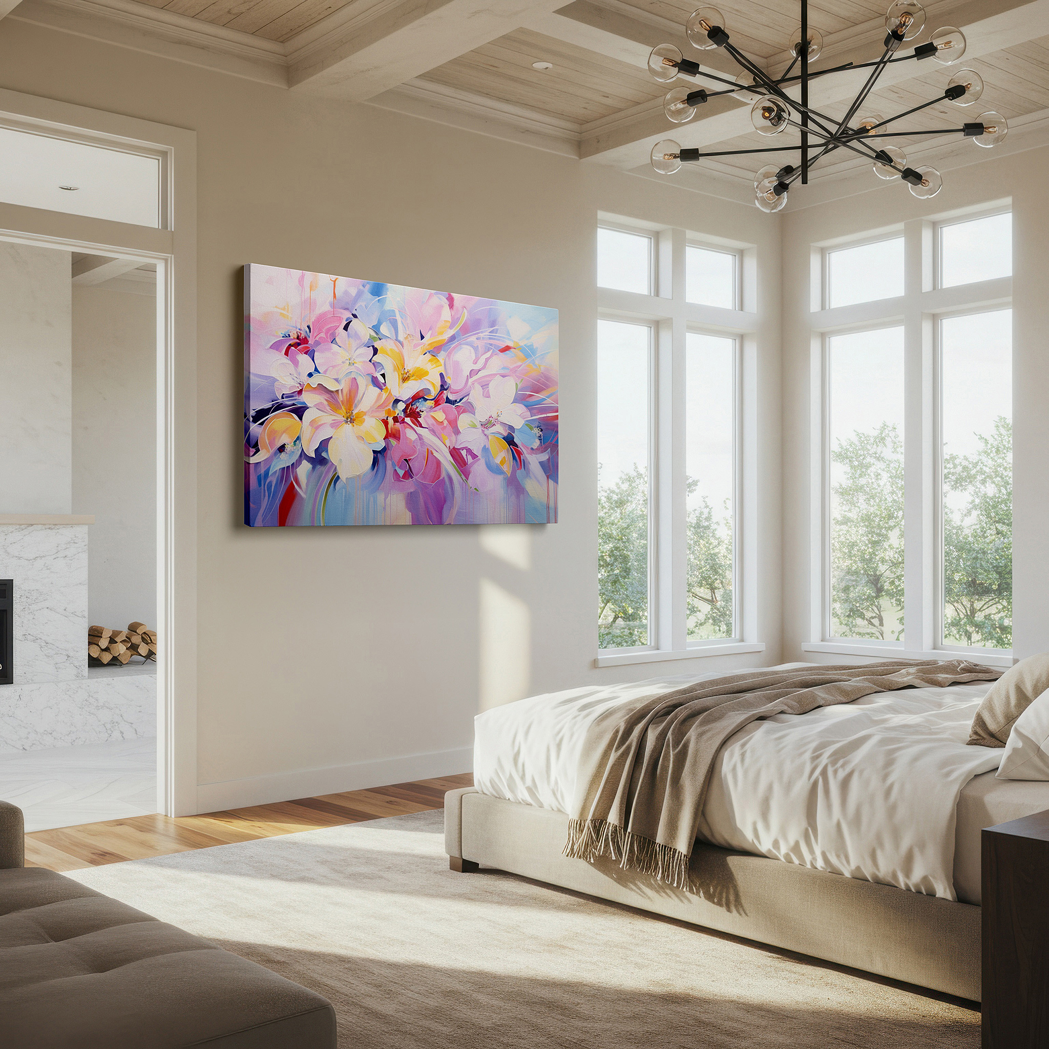 Hung in a cozy reading nook beside a floor lamp and bookshelf — soothing pastel wall art celebrating nature's fleeting beauty - large canvas for home and office decor