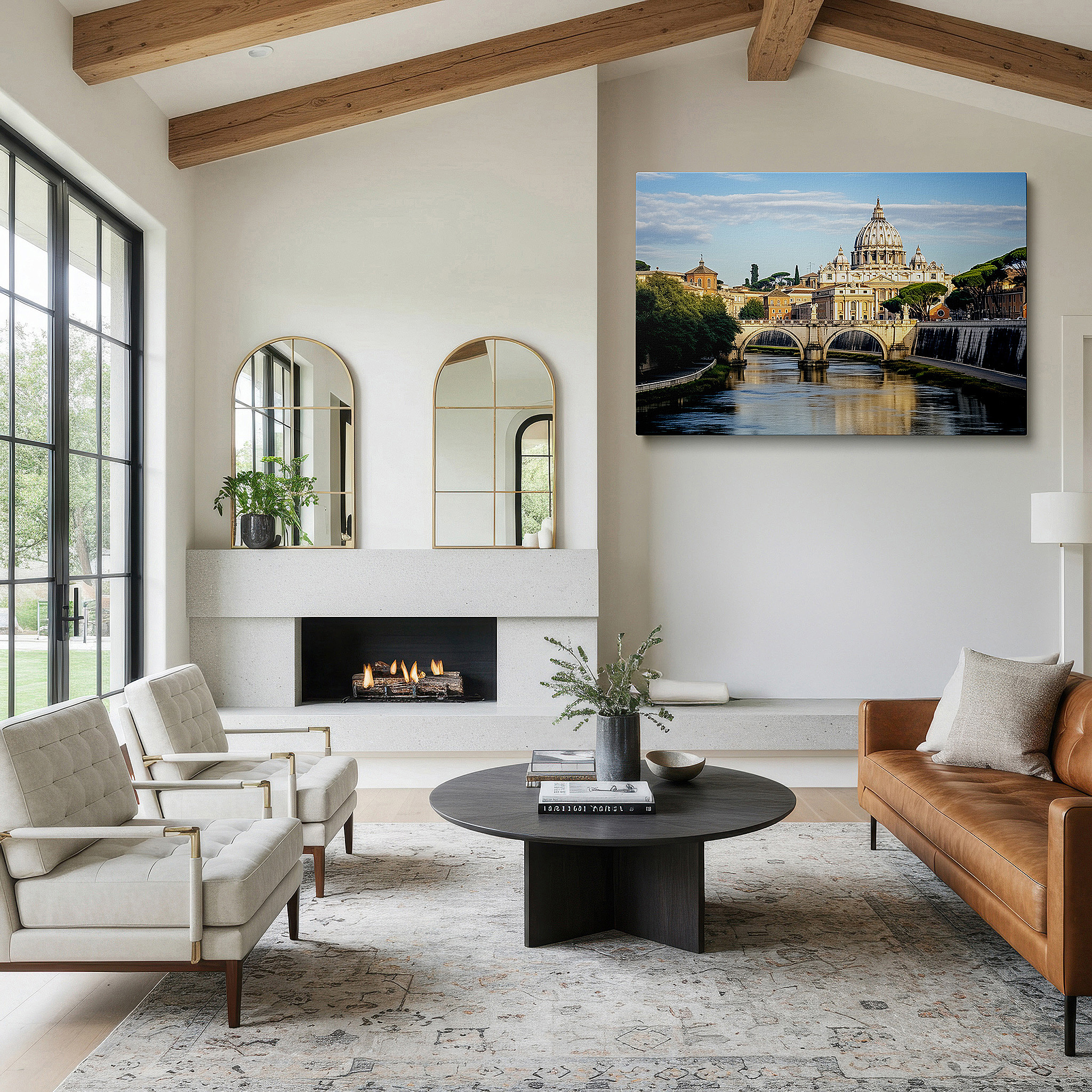 Hung in a cozy reading nook beside a floor lamp and bookshelf — st. peter's basilica mirrored in tranquil waters: a representation of celestial and terrestrial spheres, large wall art, canvas wall art, wall decor, office wall art