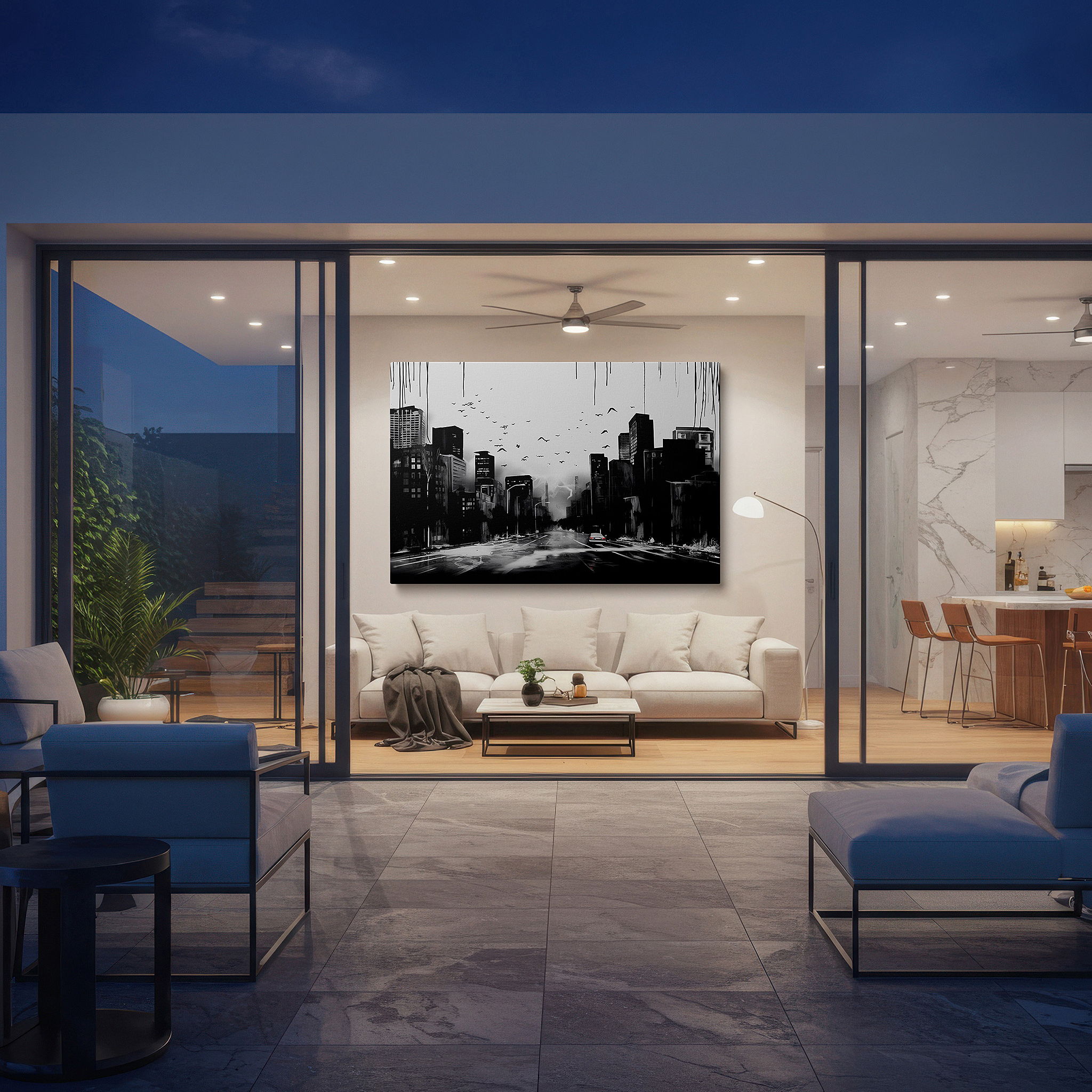 Hung in a cozy reading nook beside a floor lamp and bookshelf — stark urban landscape in black and white: a timeless exploration of city life and isolation - large wall art, canvas wall art, wall decor