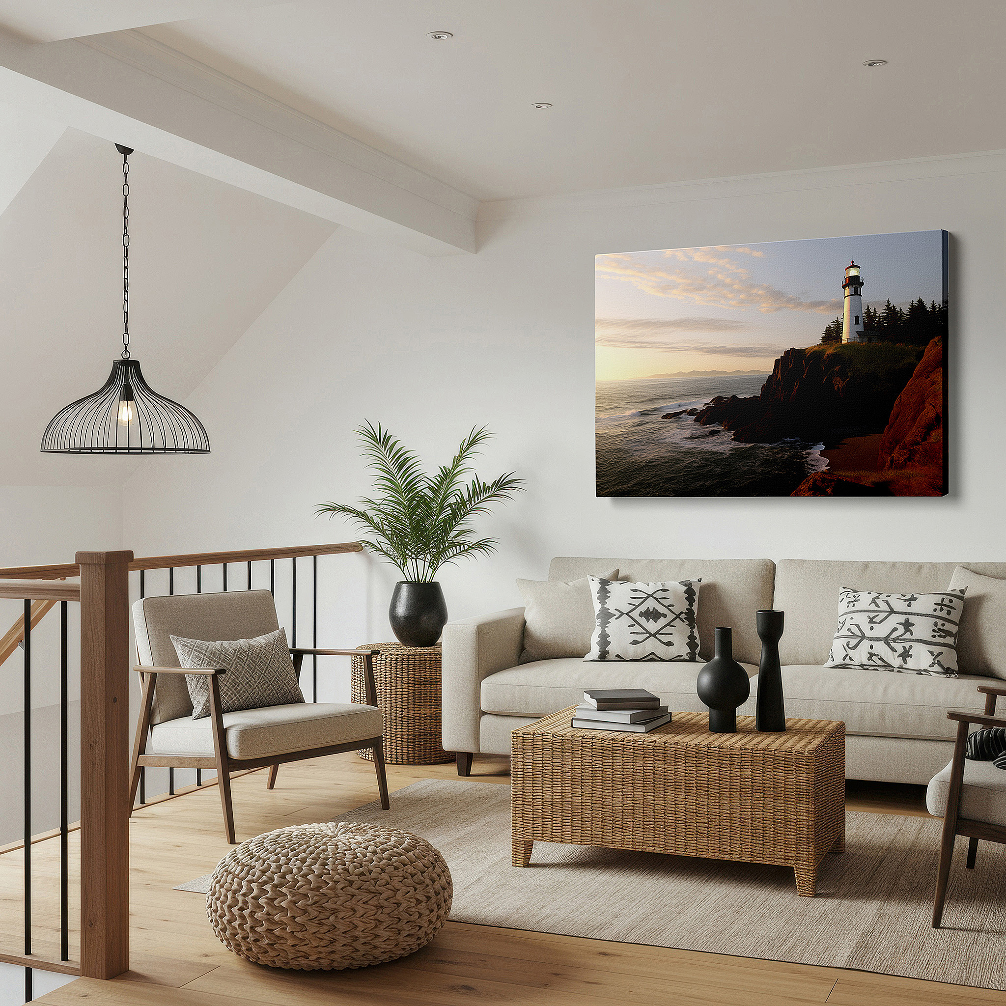 Hung in a cozy reading nook beside a floor lamp and bookshelf — stunning dawn-lit lighthouse canvas art - a beacon of guidance on a rugged cliff, ideal for office wall decor