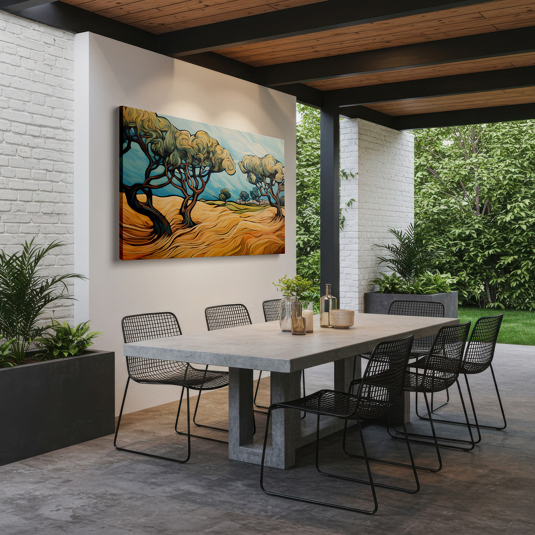 Hung in a cozy reading nook beside a floor lamp and bookshelf — stylized trees and vibrant landscapes harmonious dance large wall art, canvas wall art, wall decor for office and bedroom