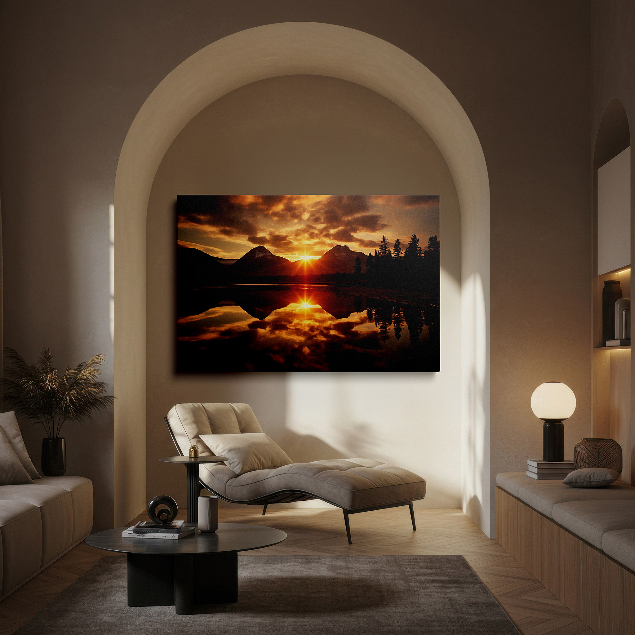 Hung in a cozy reading nook beside a floor lamp and bookshelf — sunset serenity over tranquil lake with majestic mountain reflections: large canvas wall art for office and bedroom decor