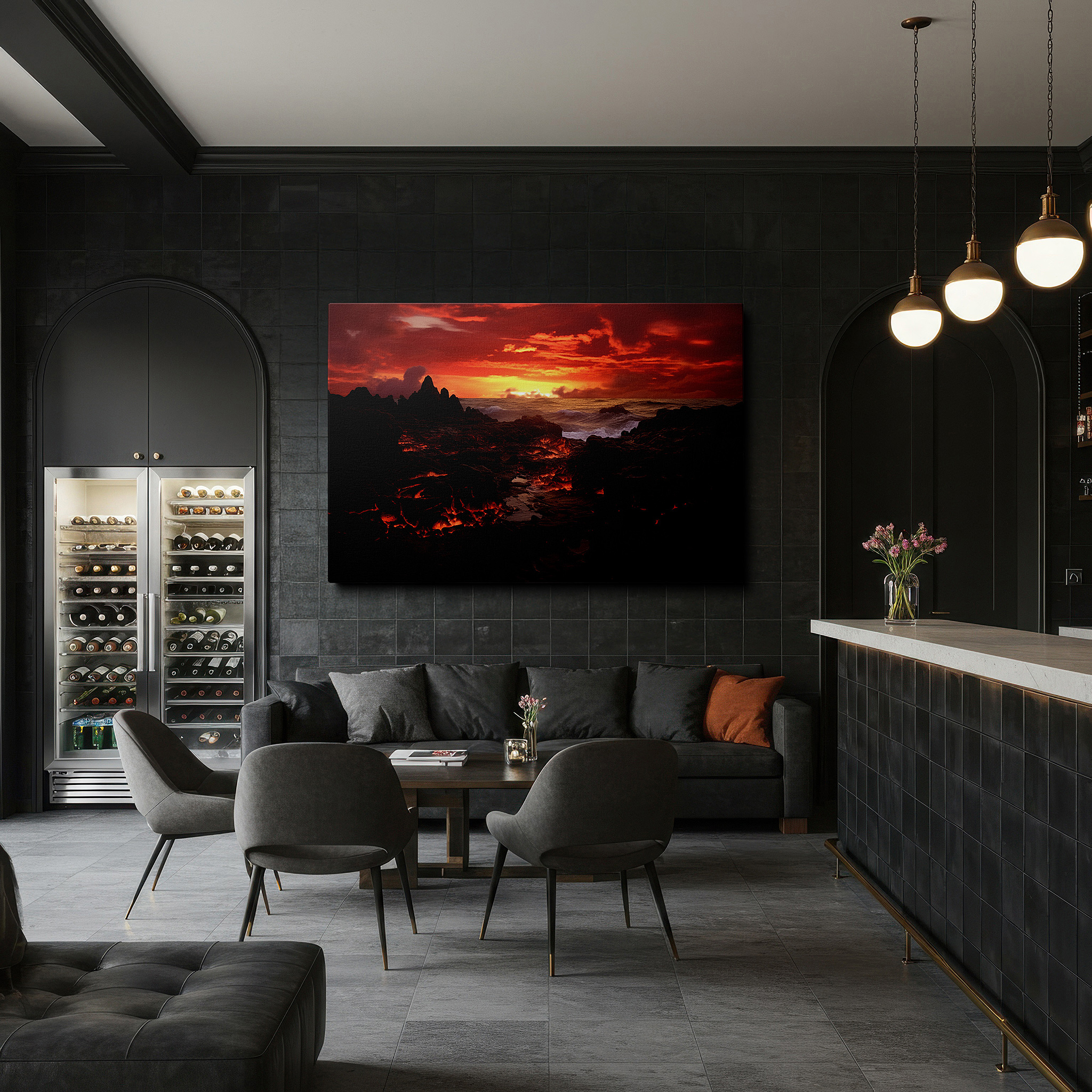 Hung in a cozy reading nook beside a floor lamp and bookshelf — sunset symphony: fiery core and tranquil sea - large canvas wall art for home and office decor