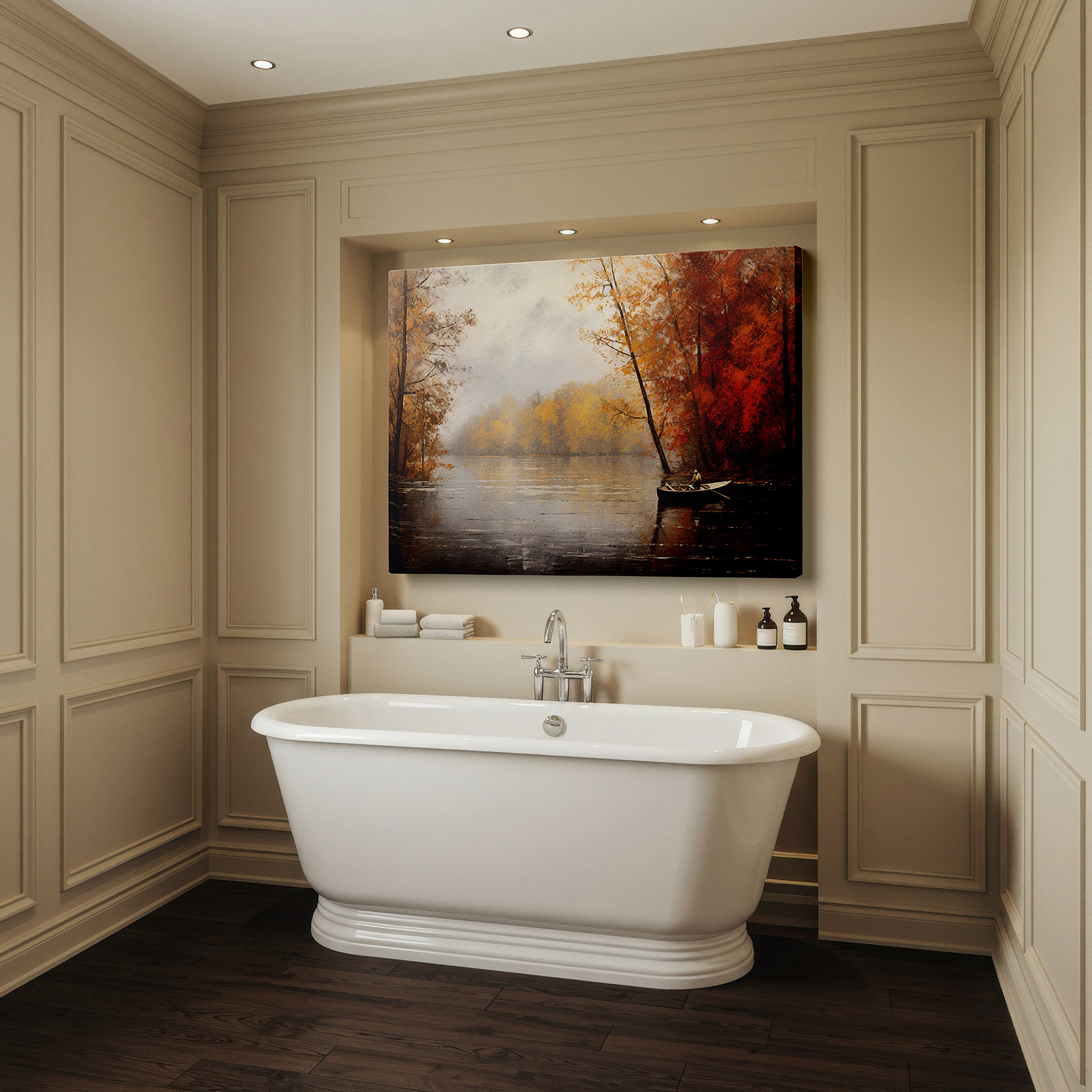 Hung in a cozy reading nook beside a floor lamp and bookshelf — tranquil autumn lake wall art: reflective waters and fiery foliage - large canvas for home and office decor, perfect for living rooms and bedrooms