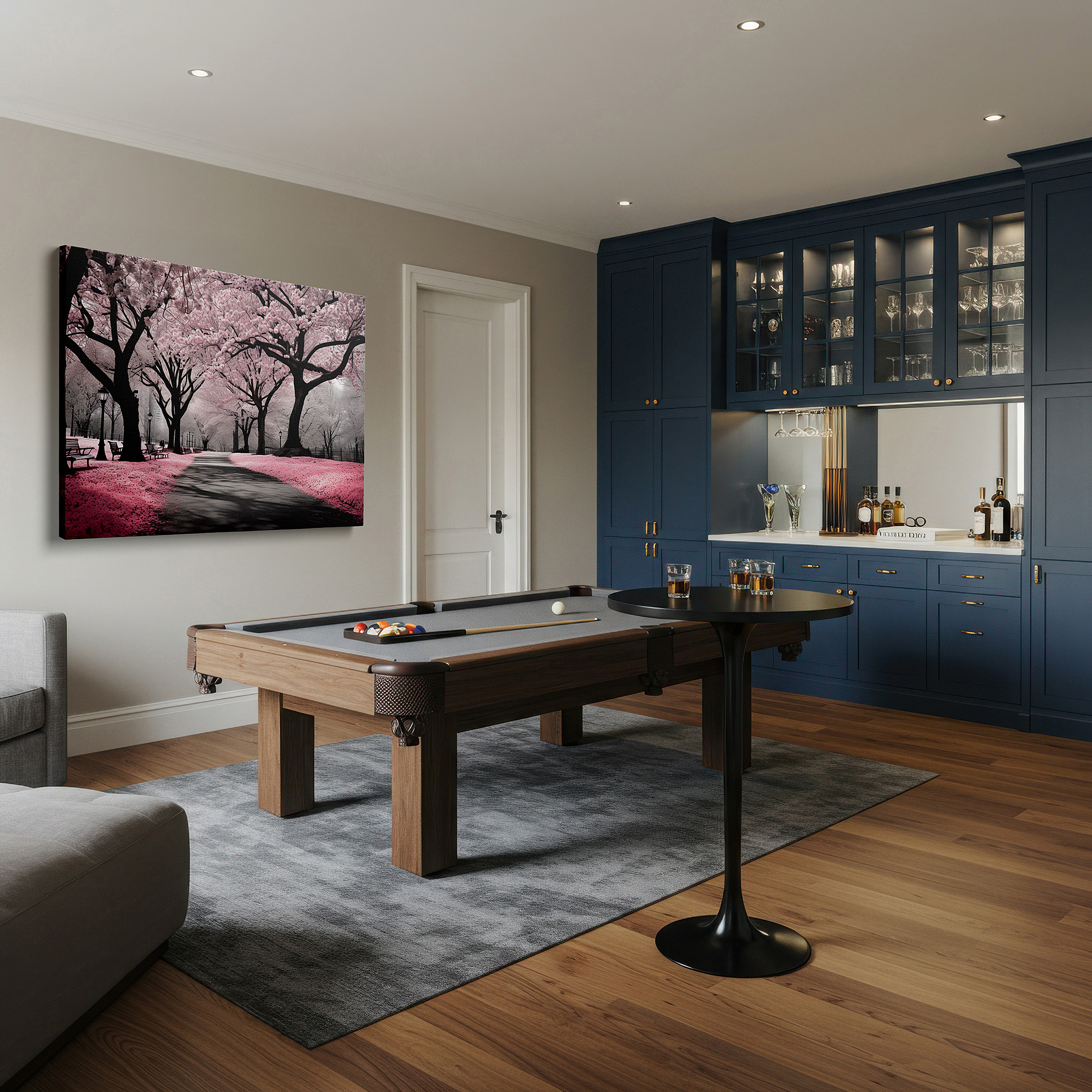 Hung in a cozy reading nook beside a floor lamp and bookshelf — tranquil cherry blossom pathway large canvas wall art, serene beauty wall decor for office and bedroom