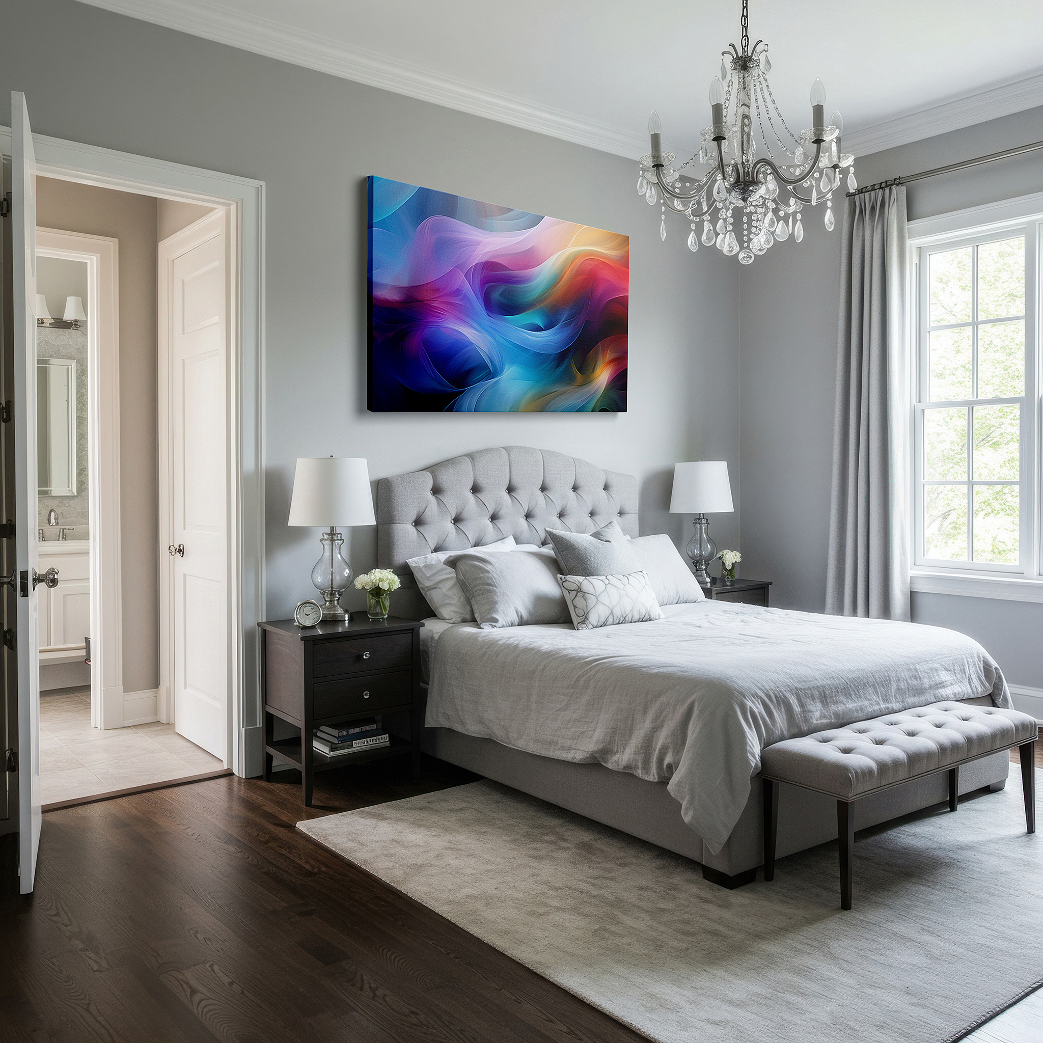 Hung in a cozy reading nook beside a floor lamp and bookshelf — tranquil landscapes in serene pastel hues and soft abstract shapes for peaceful reflection - large canvas wall art for home and office decor