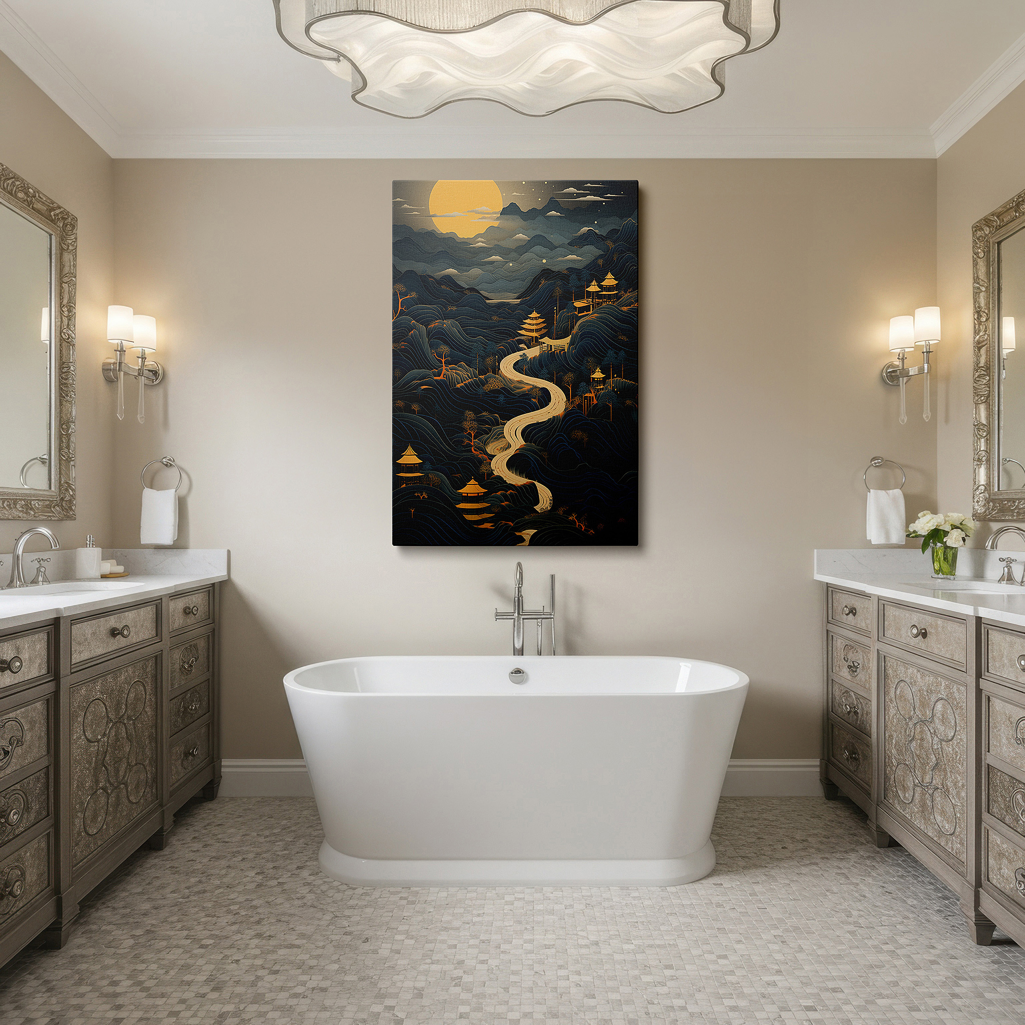 Hung in a cozy reading nook beside a floor lamp and bookshelf — tranquil mountain landscape featuring classic pagodas beneath a full moon's soft light - large canvas wall art for home and office decor