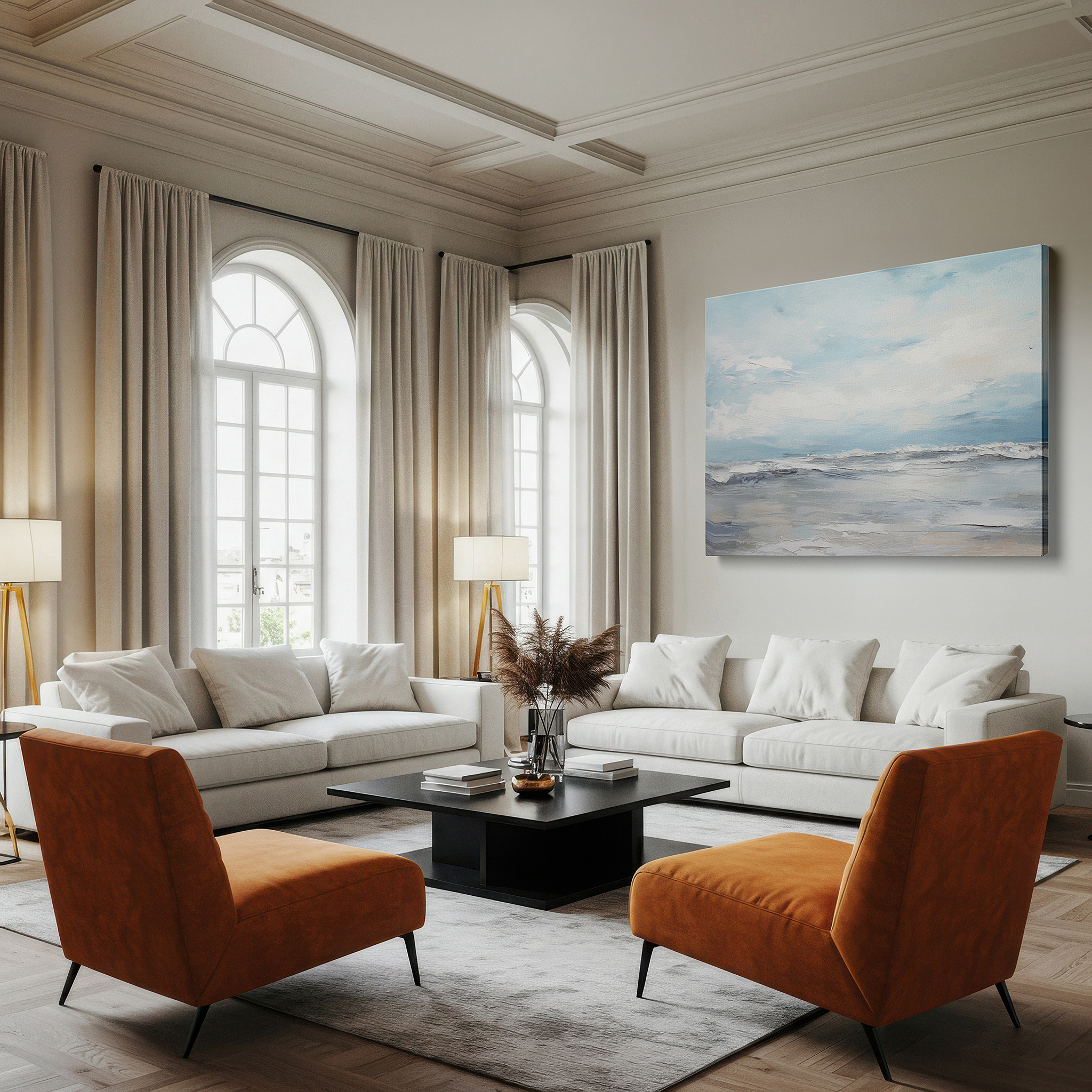 Hung in a cozy reading nook beside a floor lamp and bookshelf — tranquil ocean and sky-inspired large wall art in serene blues and whites, ideal for office decor, canvas wall art