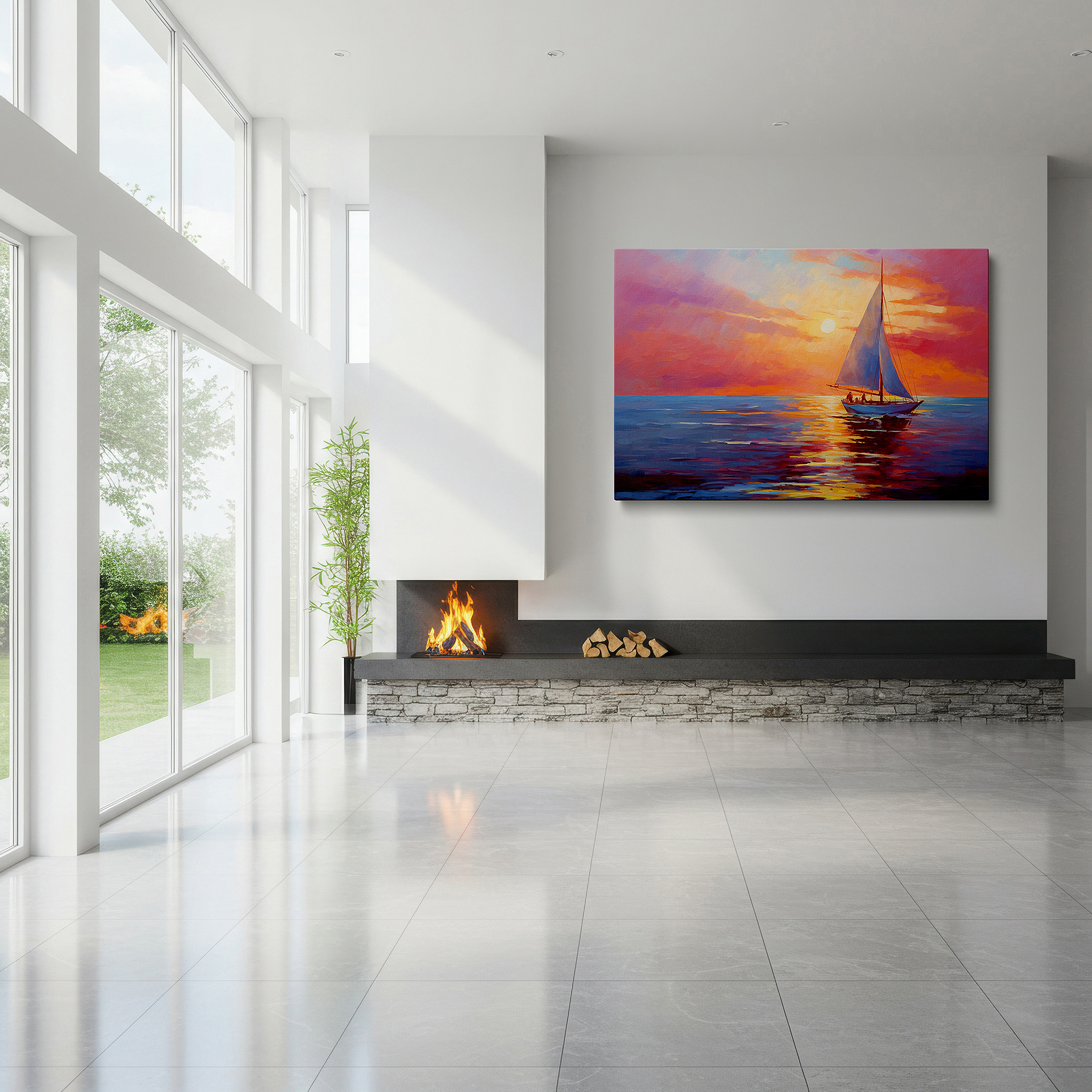 Hung in a cozy reading nook beside a floor lamp and bookshelf — tranquil sailboat journey under a fiery sunset sky - large canvas wall art for office, bedroom, and living room decor